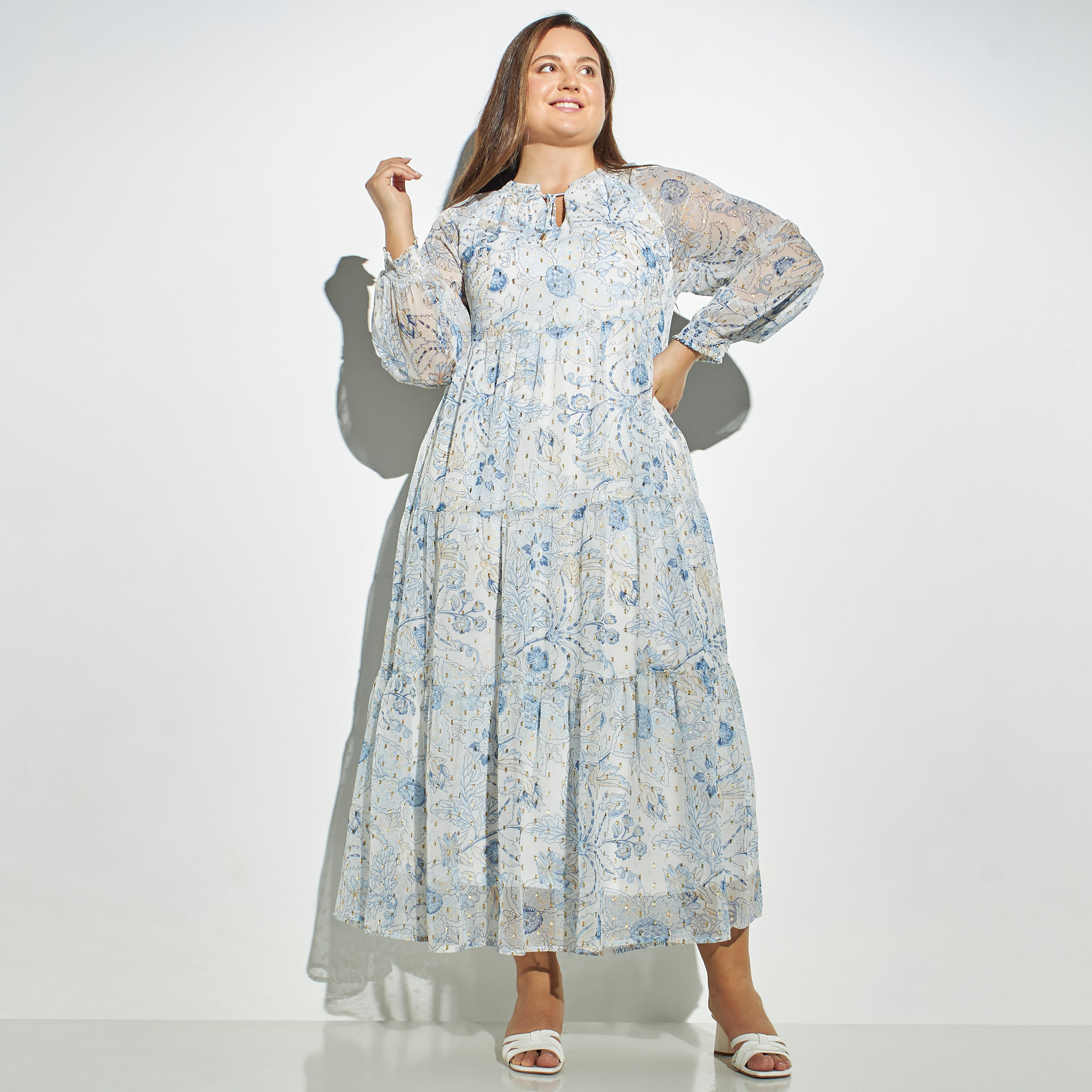 فستان ماكسي متعدد الطبقات كبير الحجم بأربطة وطبعات زهرية-women-clothing-dresses-image-1