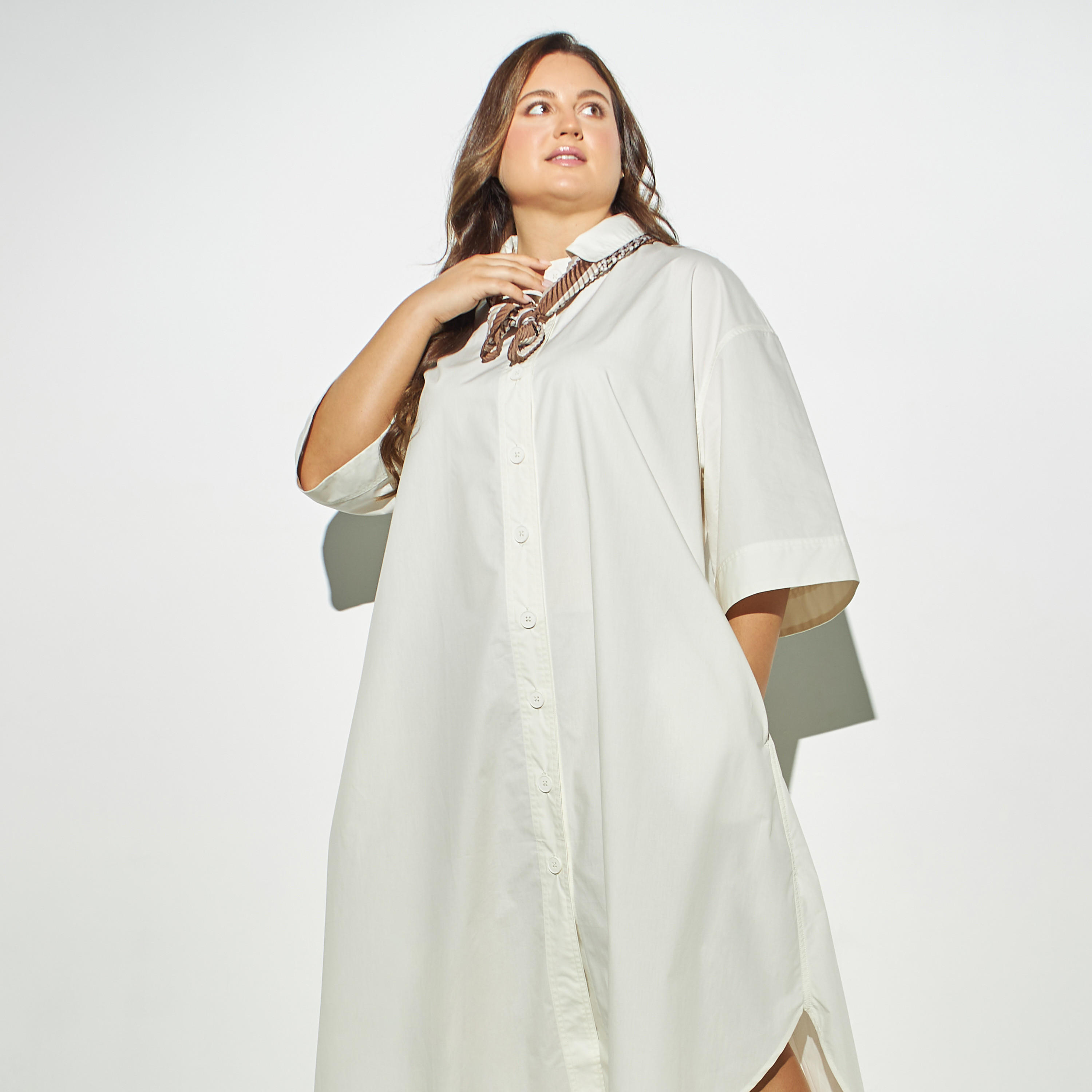 فستان قميص مقاس كبير سادة بجيوب-women-clothing-dresses-image-3