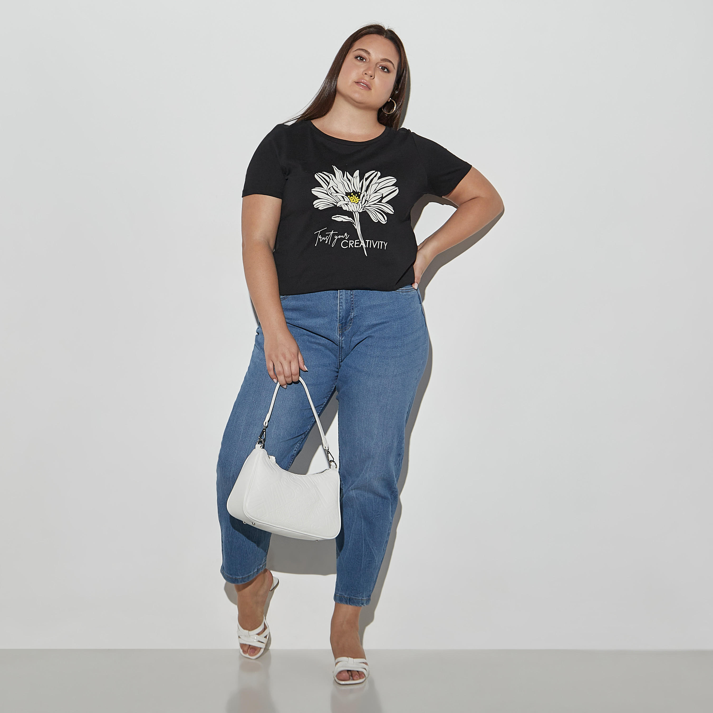 تيشيرت مقاس كبير بياقة مستديرة وأكمام قصيرة وطبعات أزهار-women-clothing-tshirts-image-2