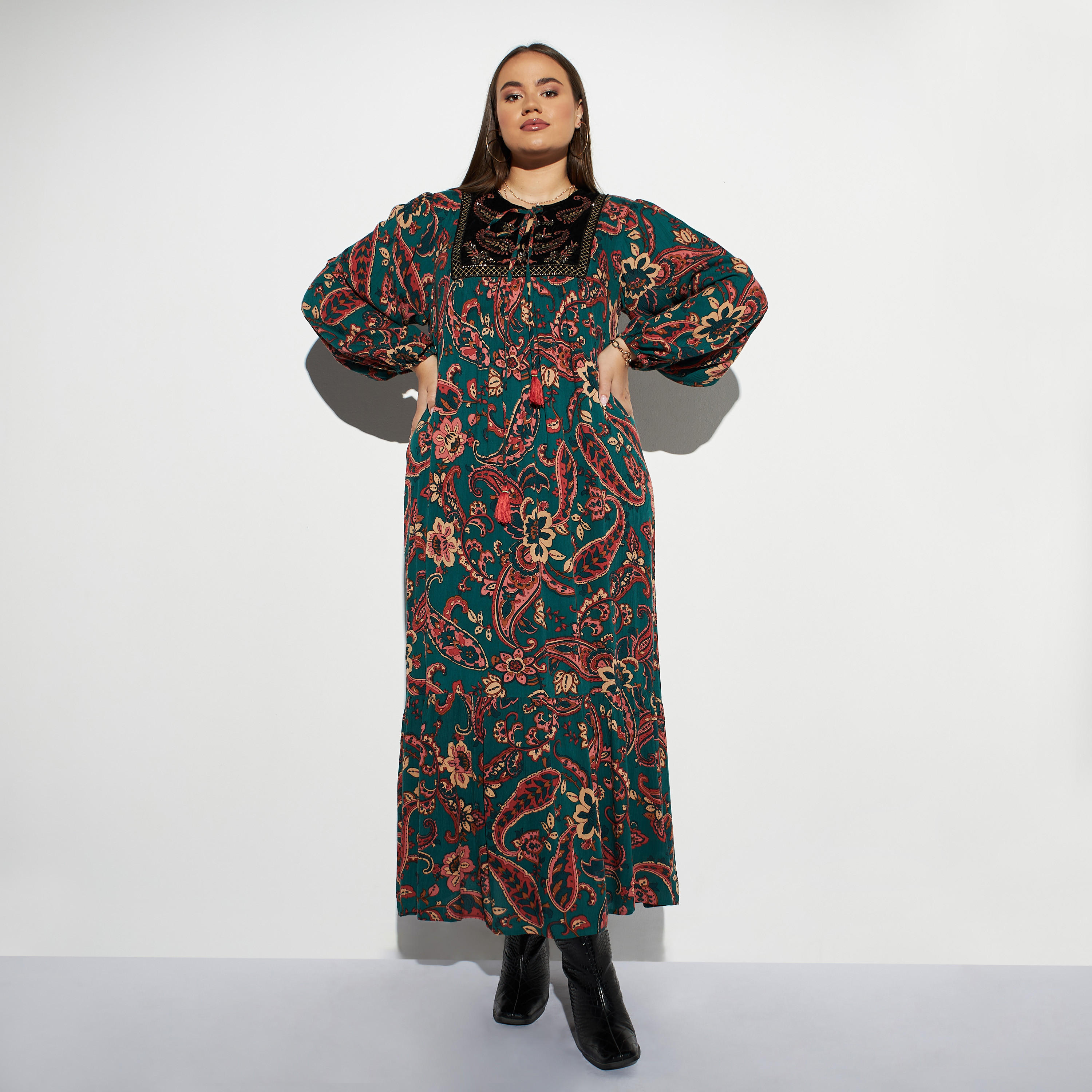 فستان مقاس كبير طويل بأربطة وطبعات بيزلي-women-clothing-dresses-image-1