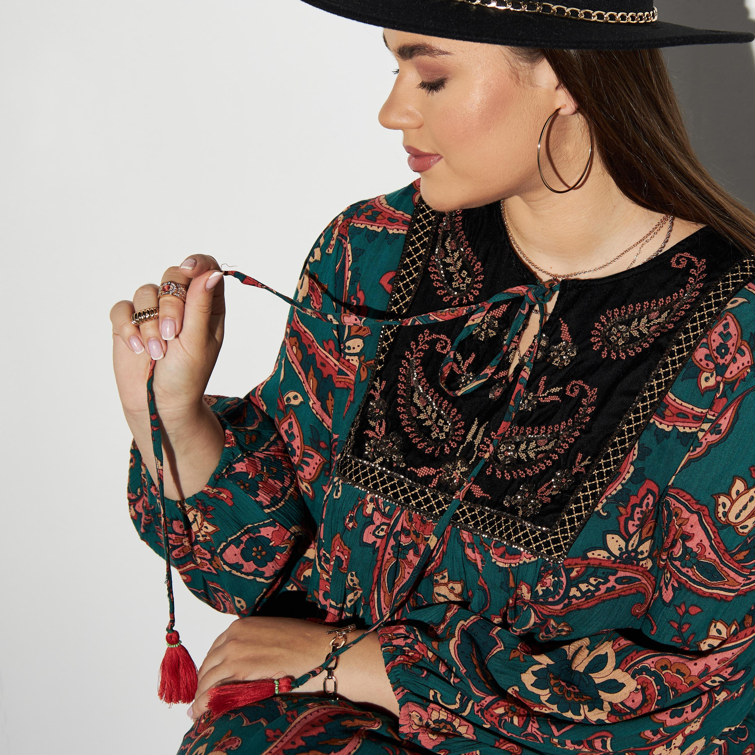 فستان مقاس كبير طويل بأربطة وطبعات بيزلي-women-clothing-dresses-image-4