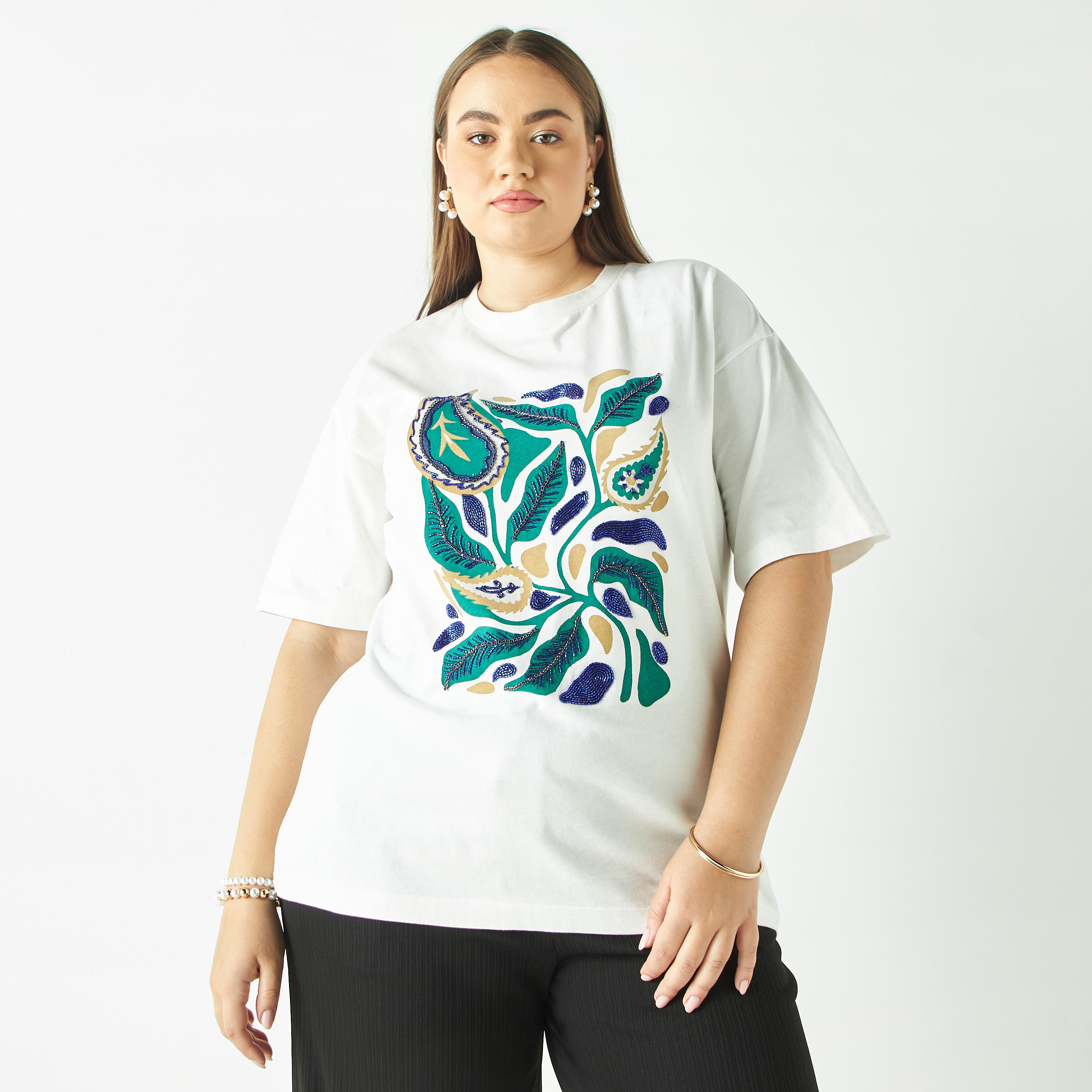 Plus Size Embellished Crew Neck T-shirt with Drop Shoulder Sleeves-women-clothing-tshirts-image-1