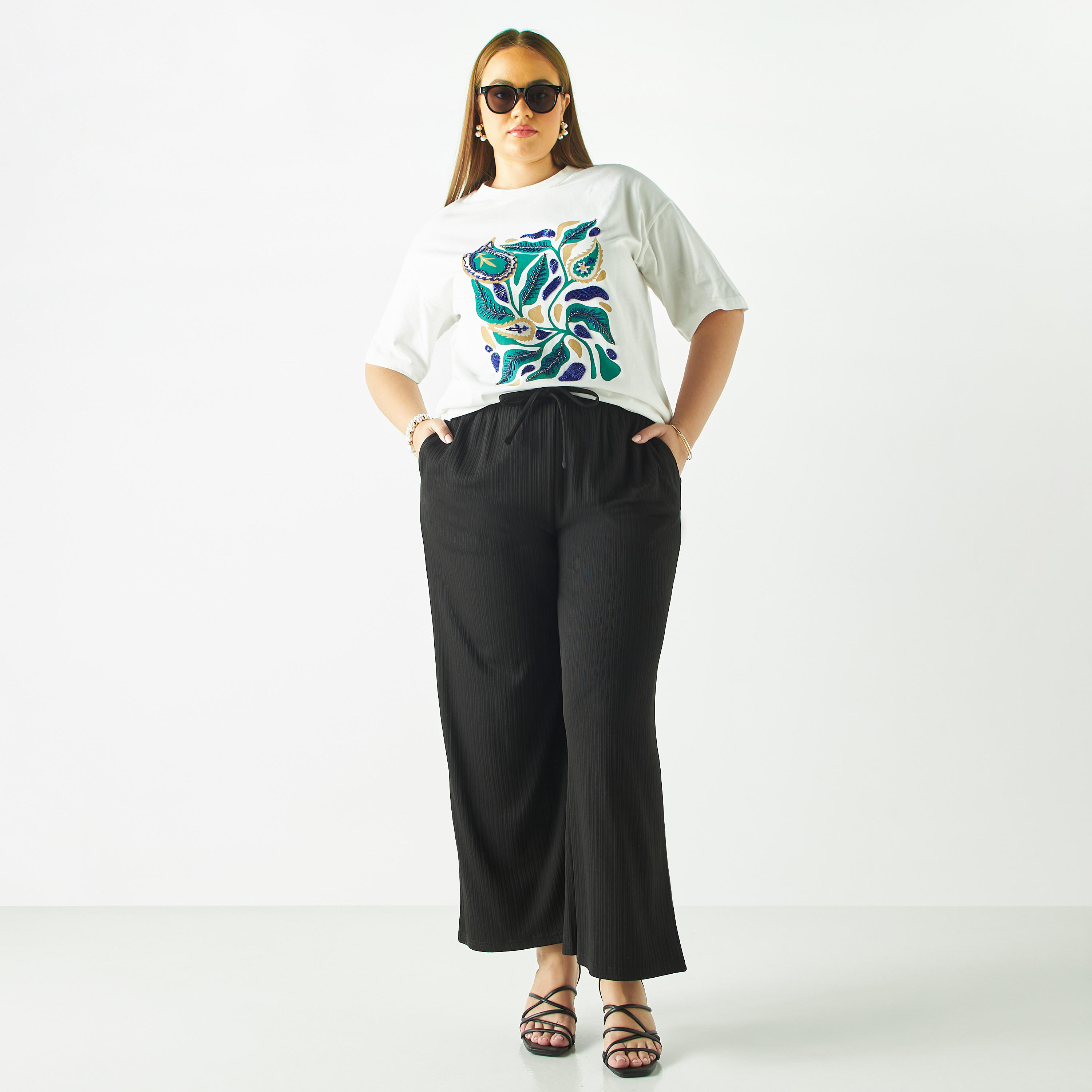 Plus Size Embellished Crew Neck T-shirt with Drop Shoulder Sleeves-women-clothing-tshirts-image-2