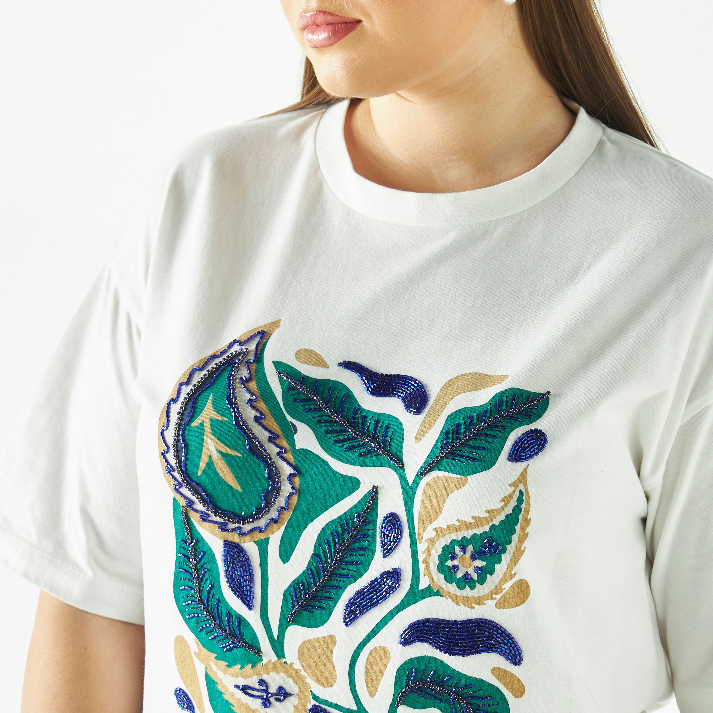 Plus Size Embellished Crew Neck T-shirt with Drop Shoulder Sleeves-women-clothing-tshirts-image-4