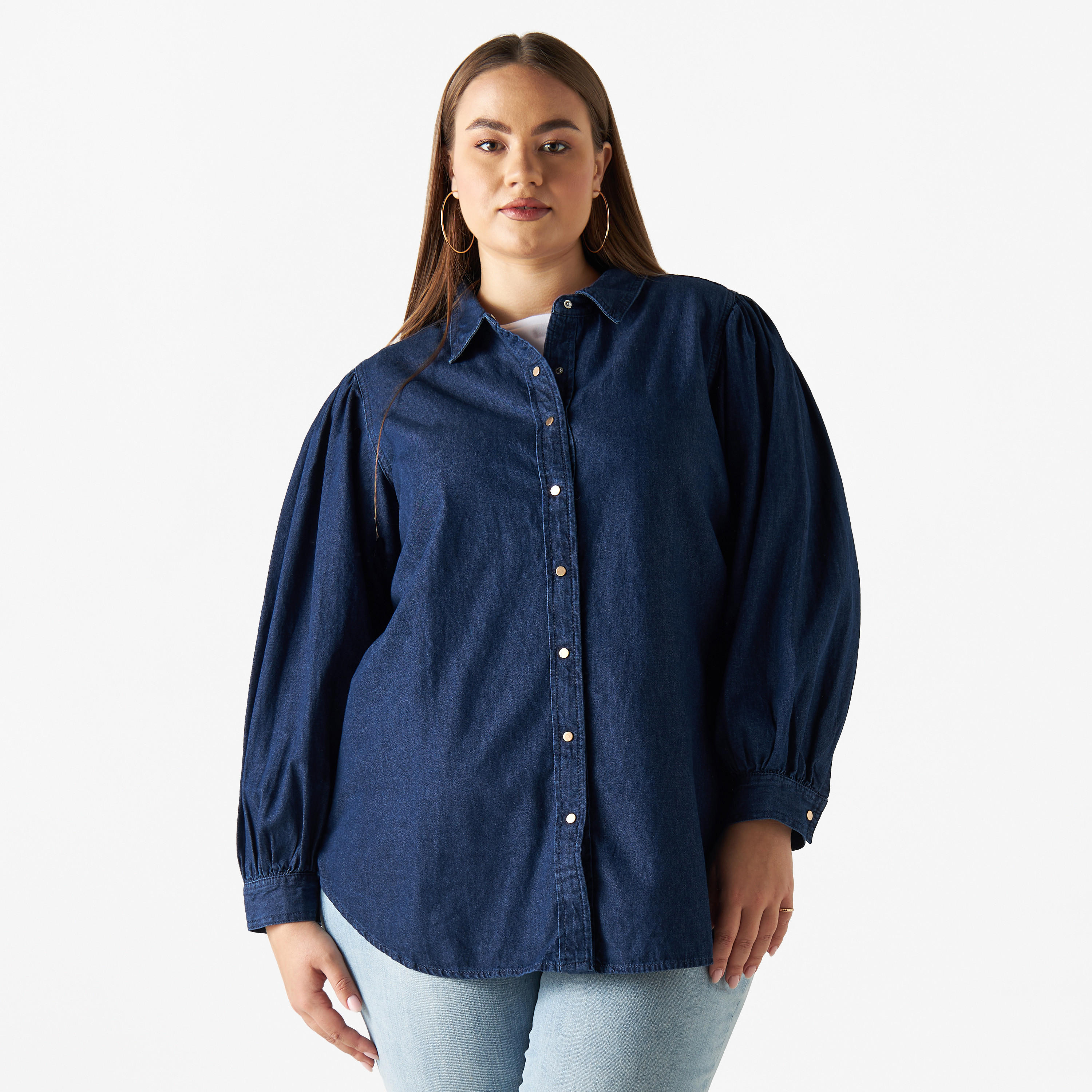 Plus Size Denim Shirt with Long Sleeves-women-clothing-shirtsandblouses-blouses-image-1