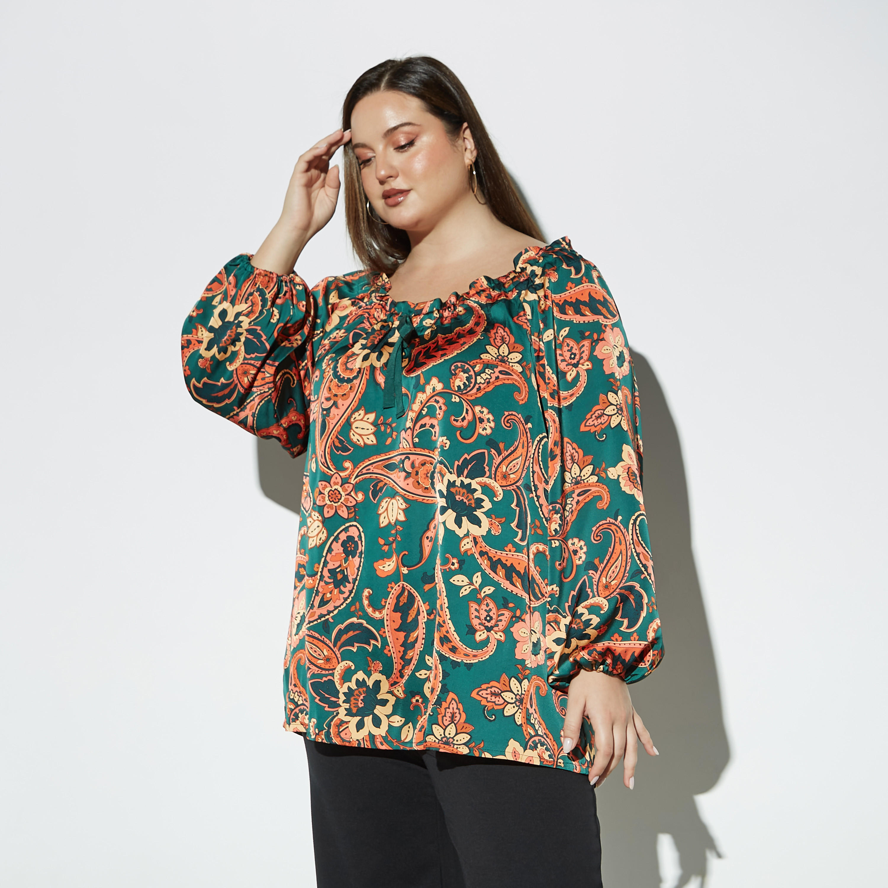 بلوزة مقاس كبير بتفاصيل كشكش وأربطة وأكمام طويلة-women-clothing-shirtsandblouses-blouses-image-1