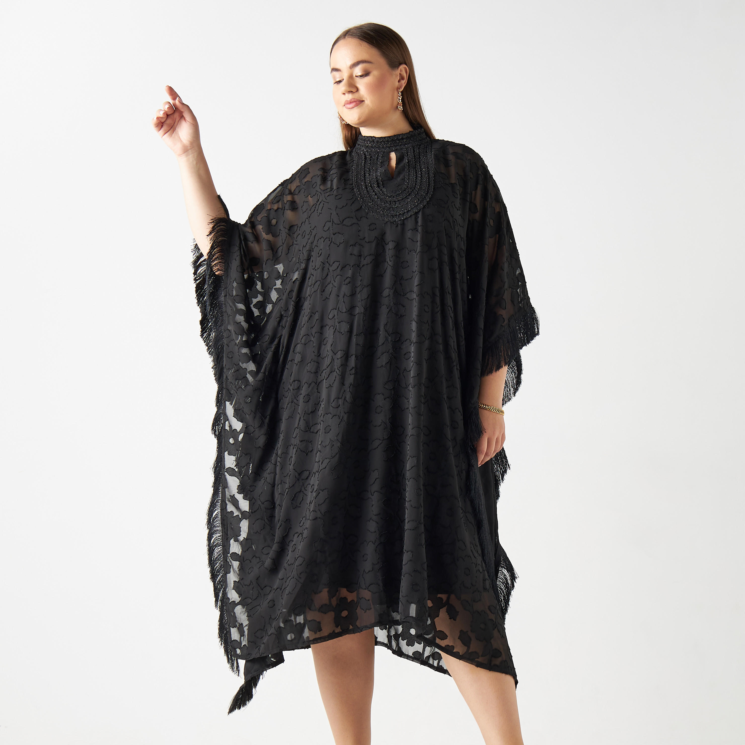 فستان قفطان بارز الملمس بياقة عالية-women-clothing-dresses-image-1