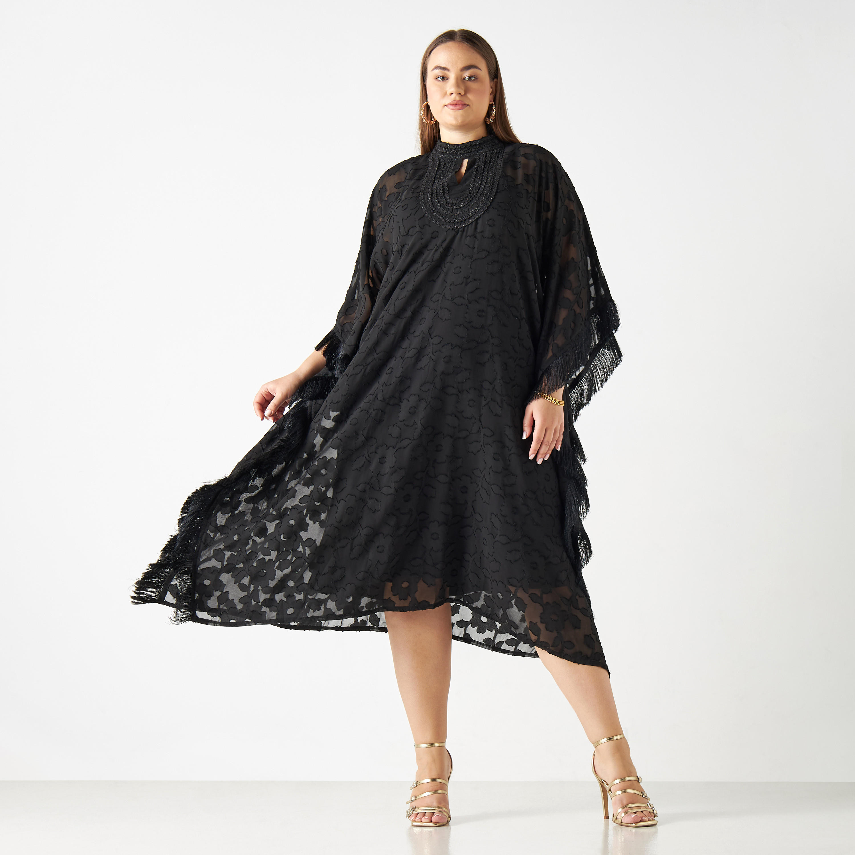 فستان قفطان بارز الملمس بياقة عالية-women-clothing-dresses-image-2