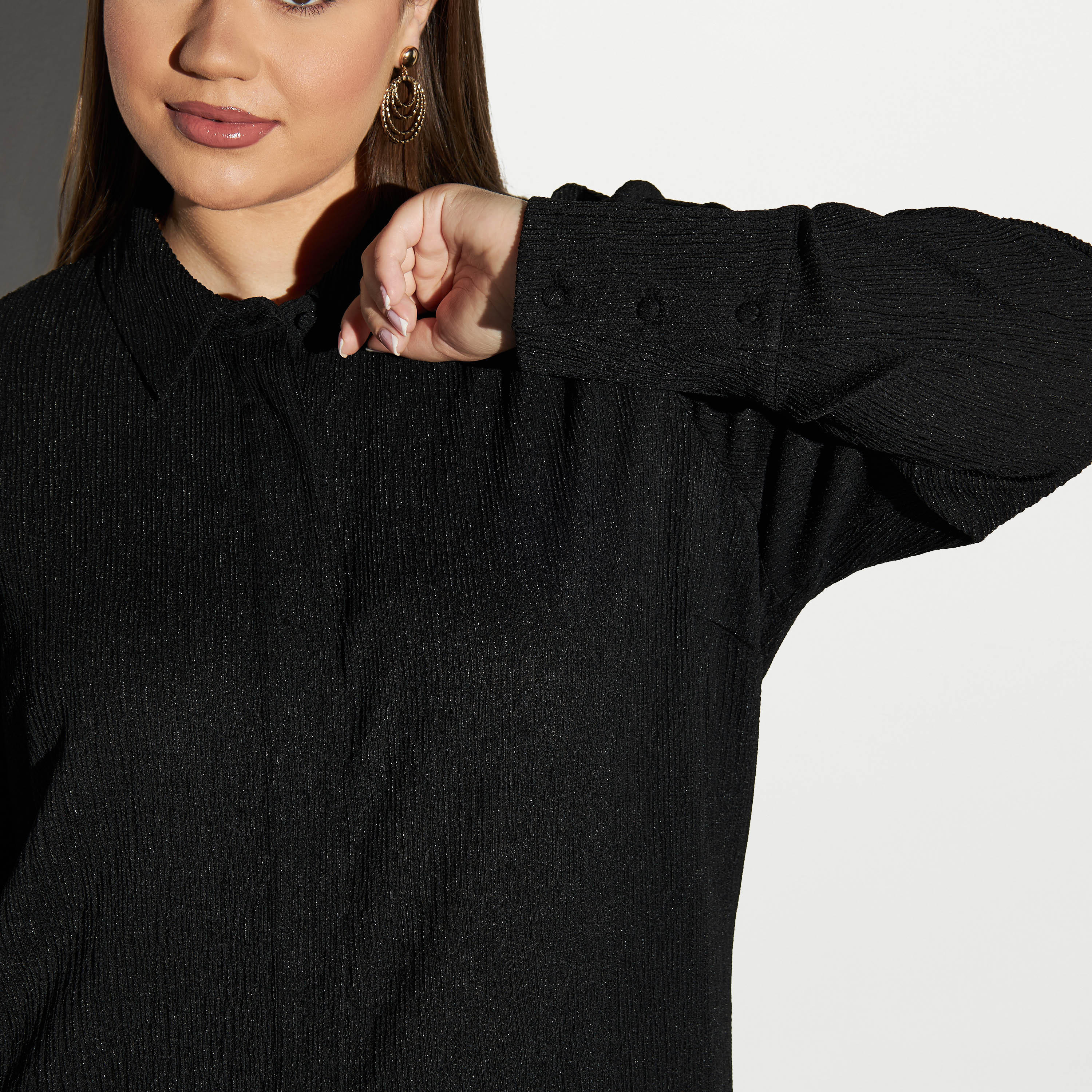 Plus Size Textured Tunic with Collar and Long Sleeves-women-clothing-shirtsandblouses-blouses-image-4