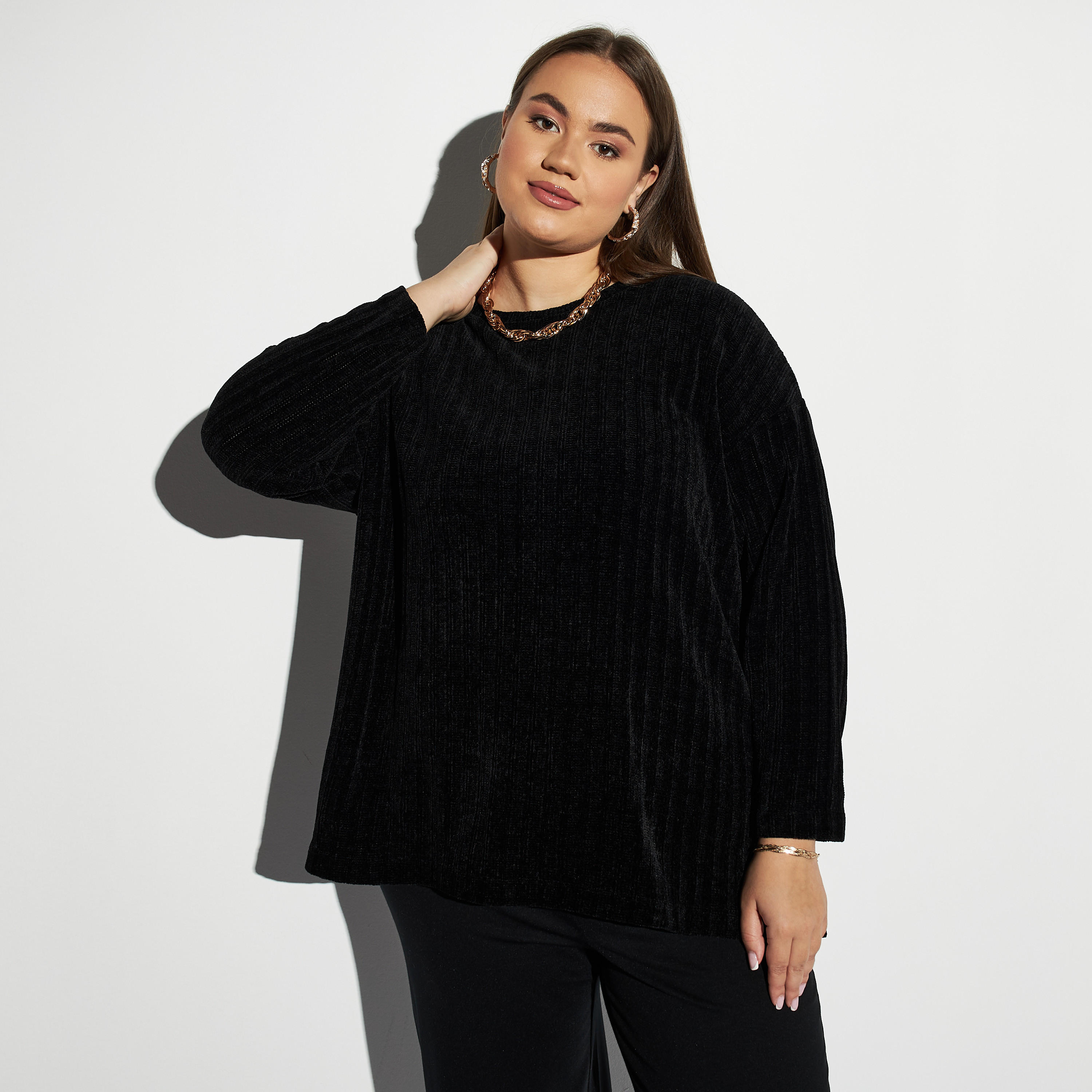 Plus Size Textured Top with Long Sleeves-women-clothing-tshirts-image-1