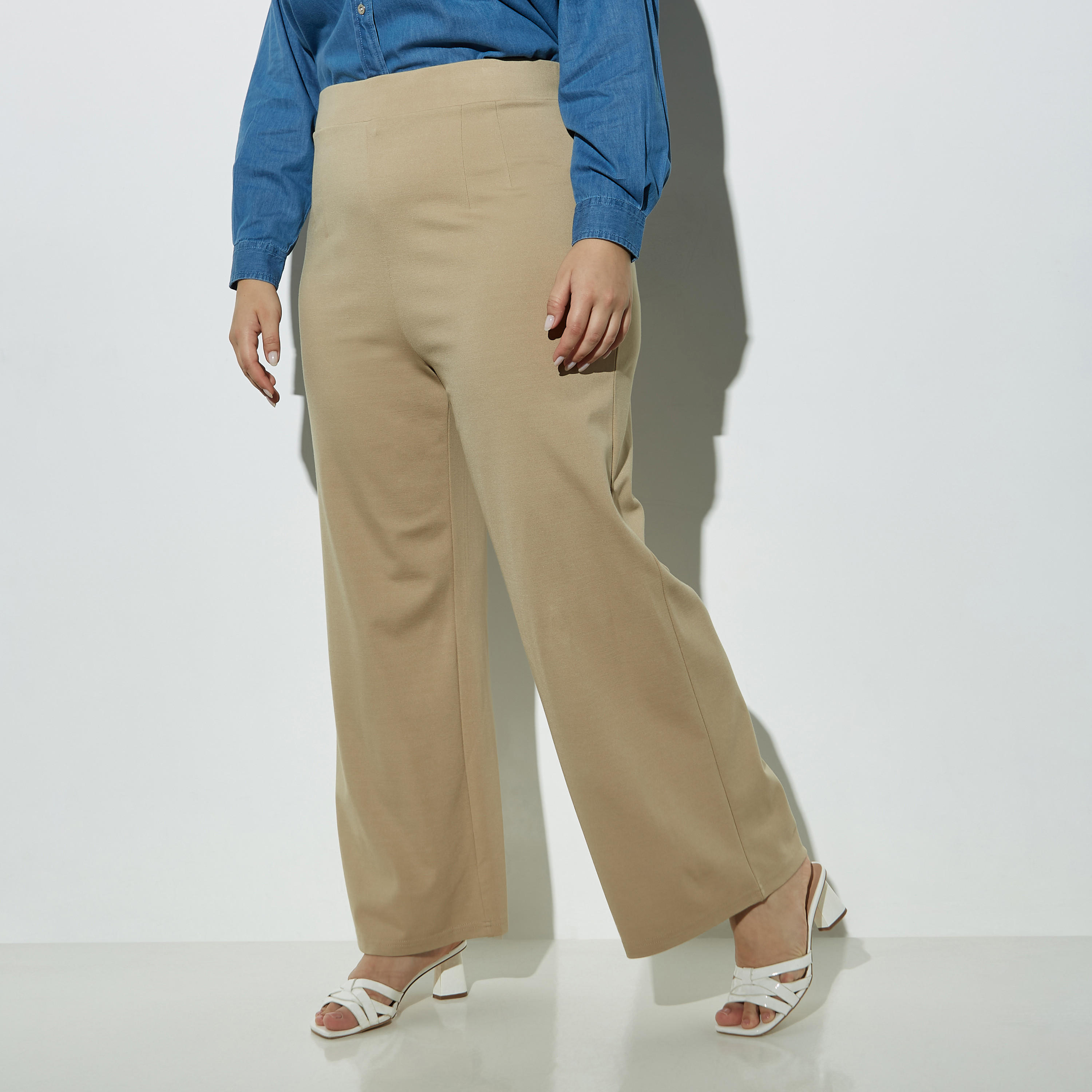 بنطلون مقاس كبير سادة واسع بخصر مطاطي مرتفع-women-clothing-bottoms-trousers-image-4