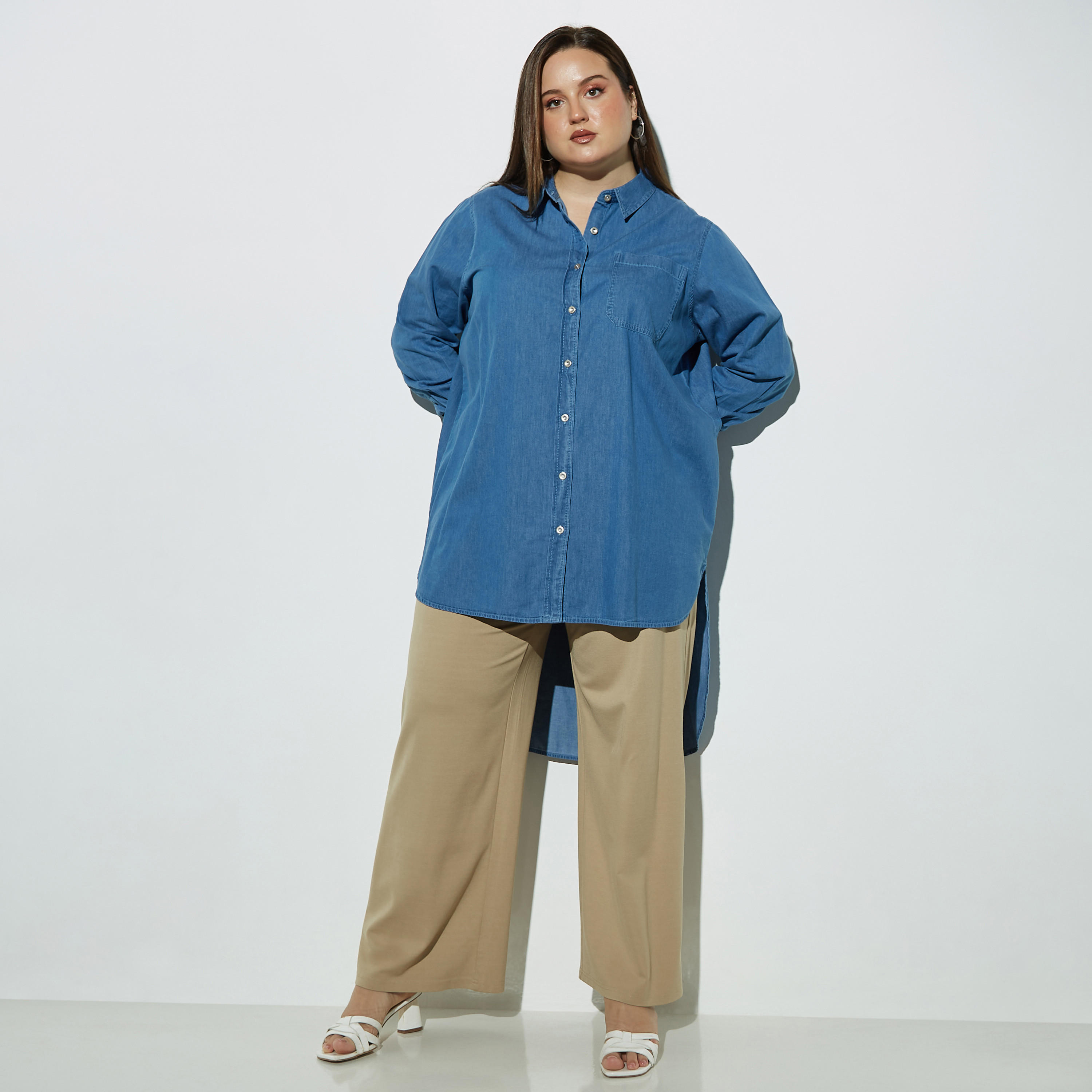 بنطلون مقاس كبير سادة واسع بخصر مطاطي مرتفع-women-clothing-bottoms-trousers-image-3