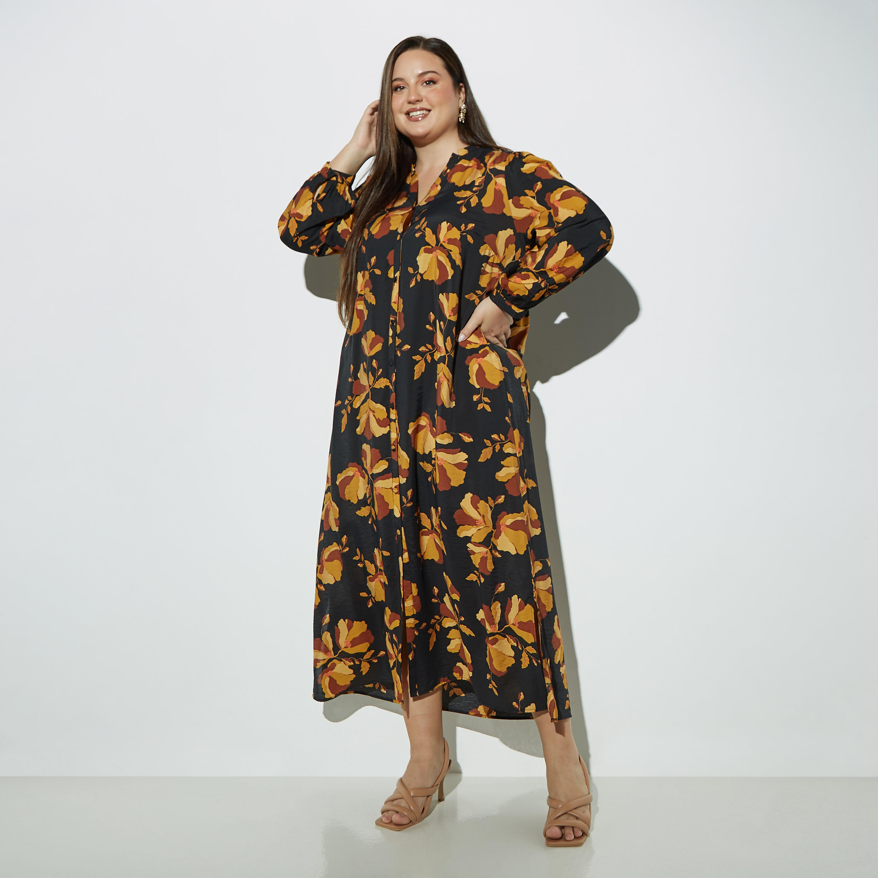 Plus Size All-Over Floral Print Midi Shirt Dress with Split Collar and Long Sleeves-women-clothing-dresses-image-1
