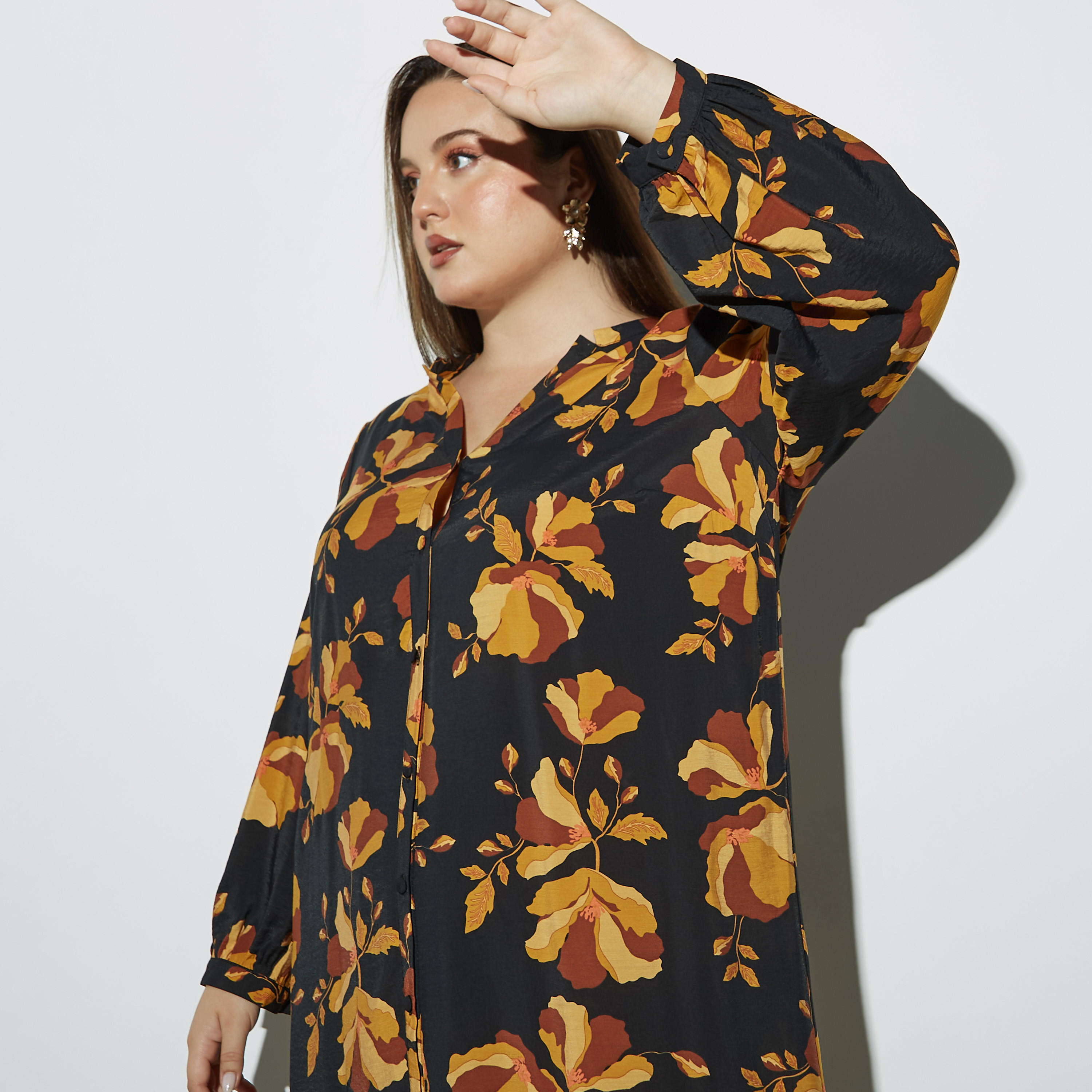 Plus Size All-Over Floral Print Midi Shirt Dress with Split Collar and Long Sleeves-women-clothing-dresses-image-4