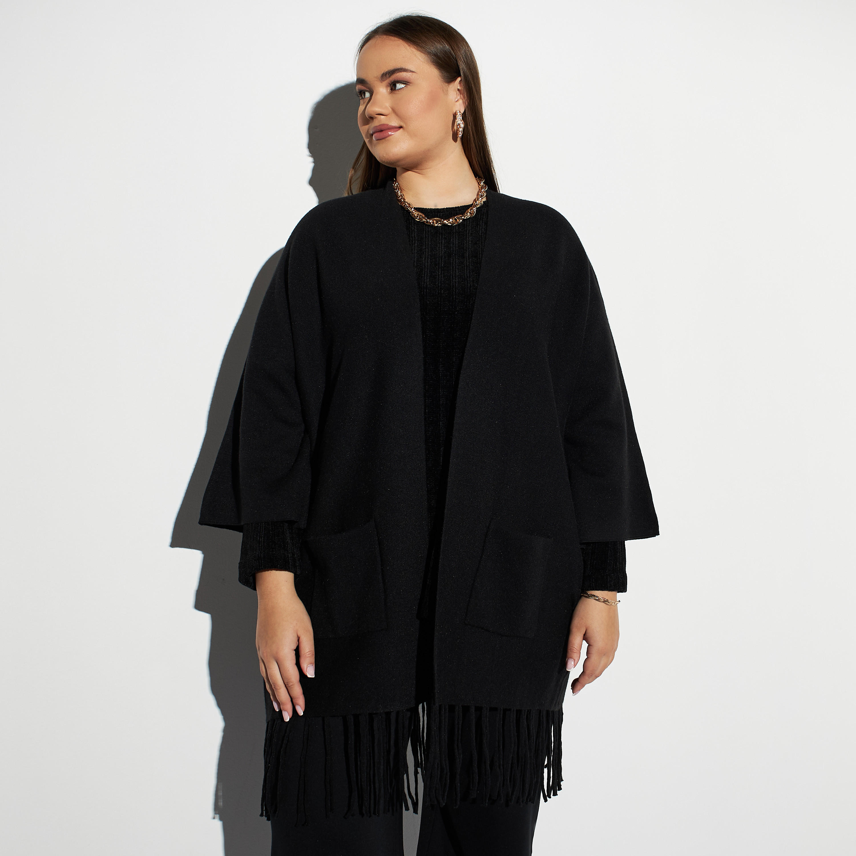 سترة مقاس كبير مفتوحة بشراشيب وجيوب-women-winterwear-cardigansandjumpers-cardigans-image-1
