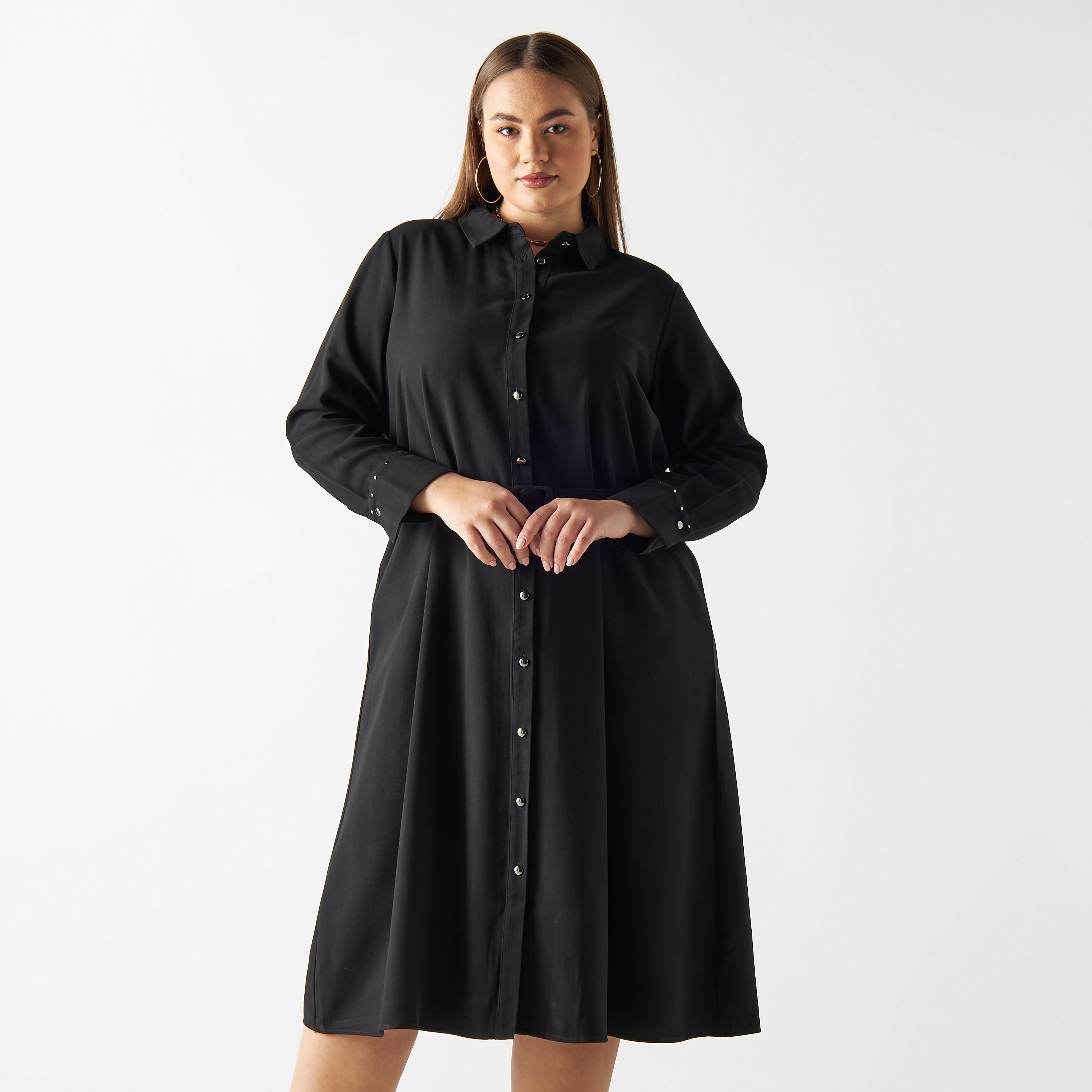 فستان قميص سادة مقاس كبير مع حزام وأكمام طويلة-women-clothing-dresses-image-1