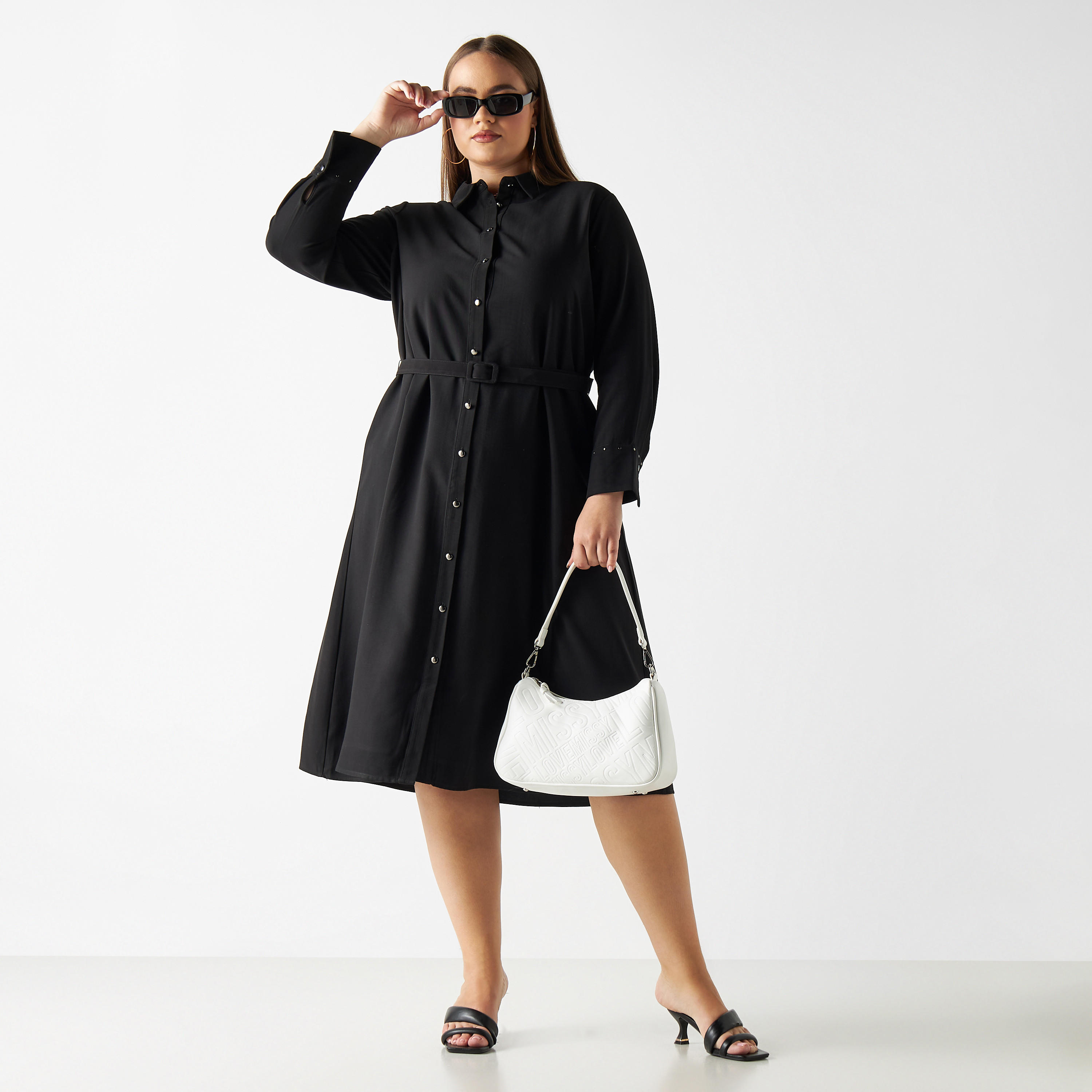 فستان قميص سادة مقاس كبير مع حزام وأكمام طويلة-women-clothing-dresses-image-2