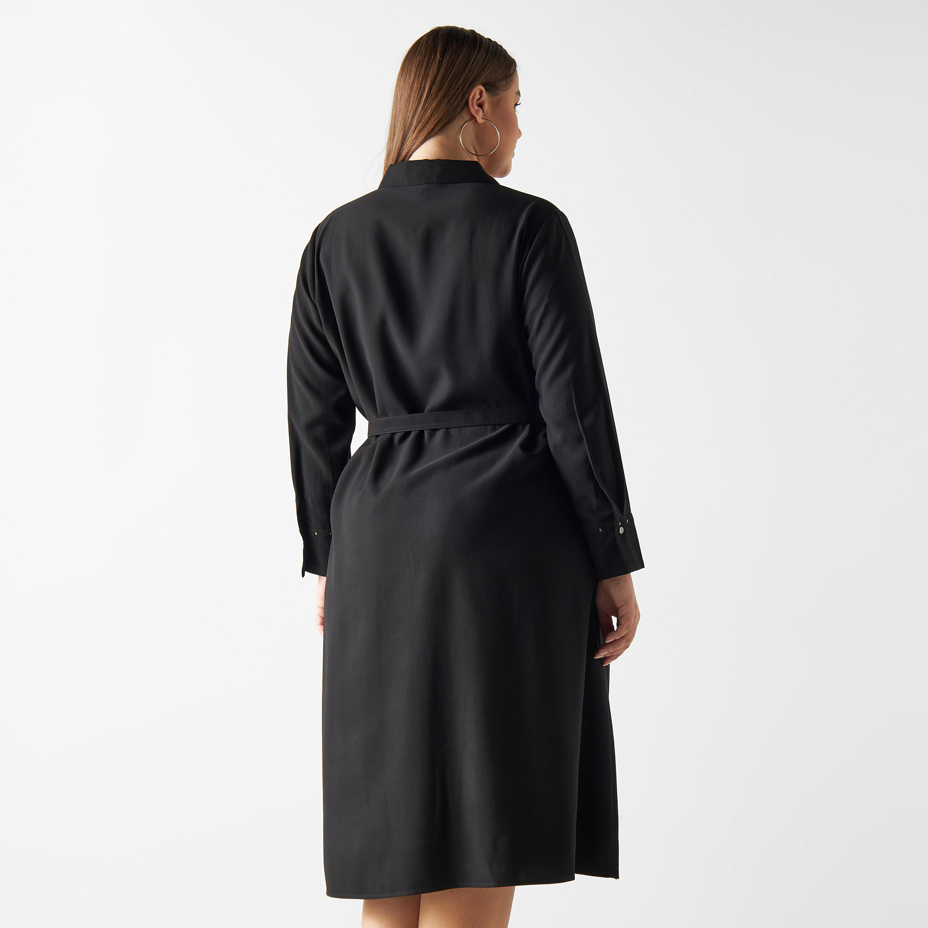 فستان قميص سادة مقاس كبير مع حزام وأكمام طويلة-women-clothing-dresses-image-3