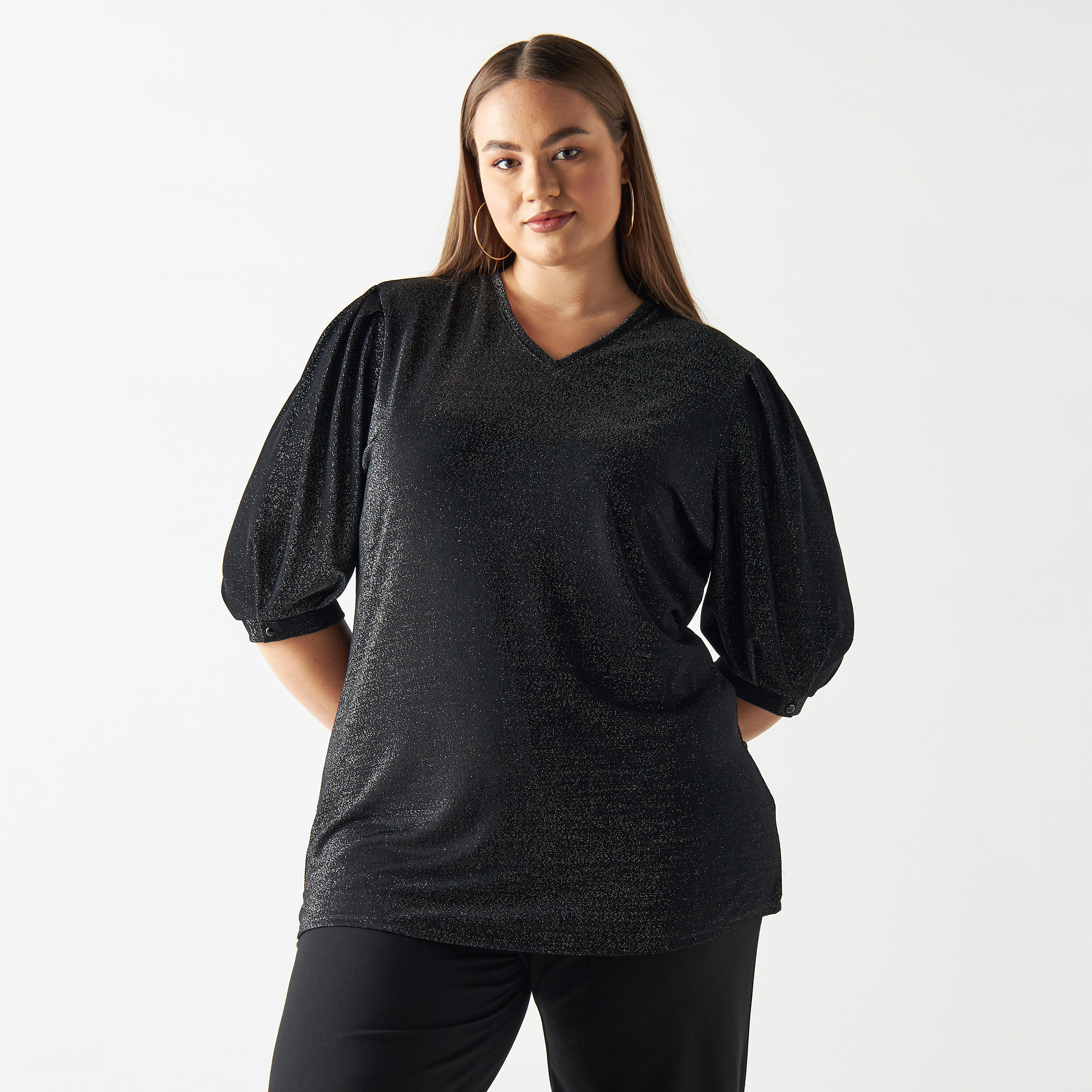 تيشيرت مقاس كبير بارز الملمس بياقة v وأكمام 3/4-women-clothing-tshirts-image-4