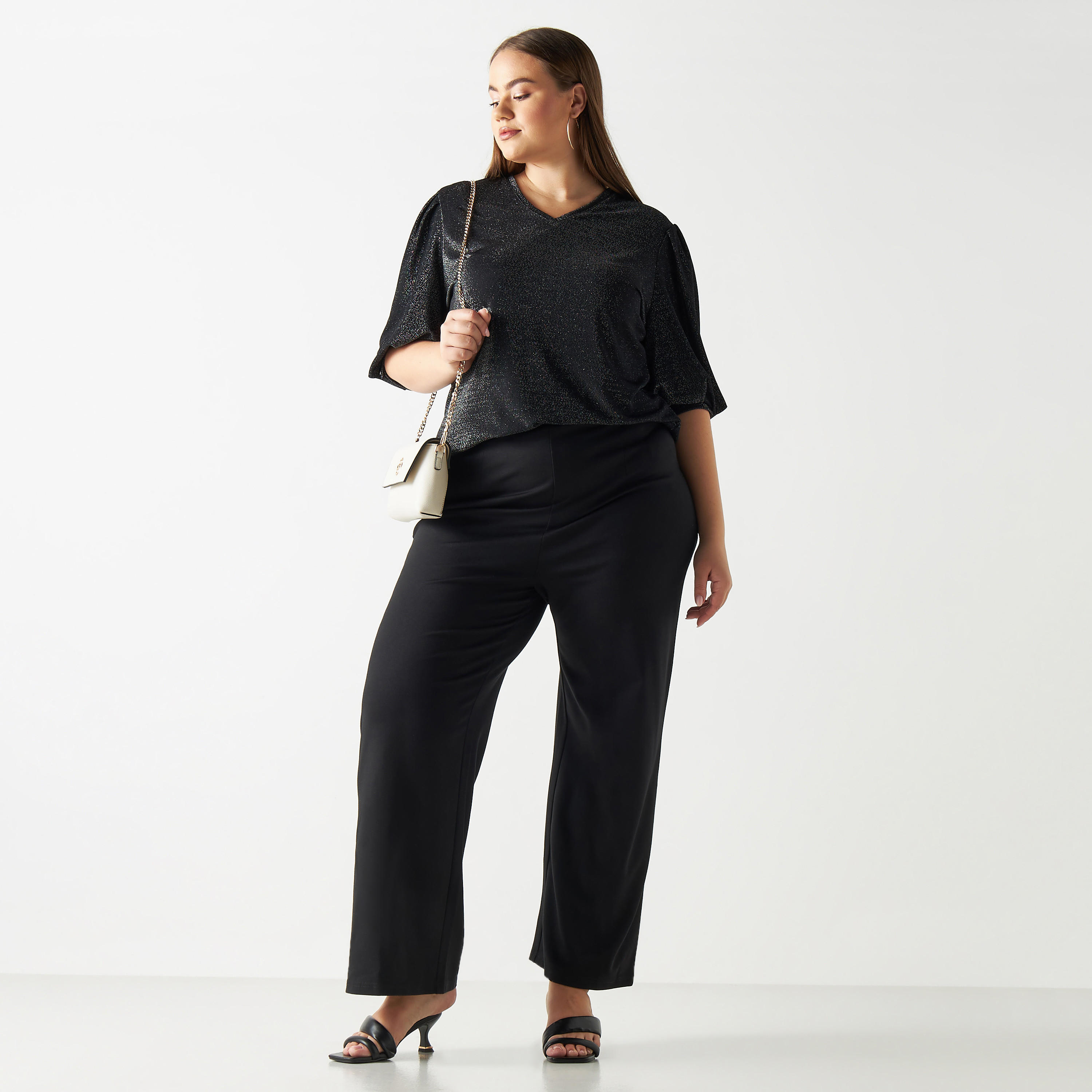 تيشيرت مقاس كبير بارز الملمس بياقة v وأكمام 3/4-women-clothing-tshirts-image-3