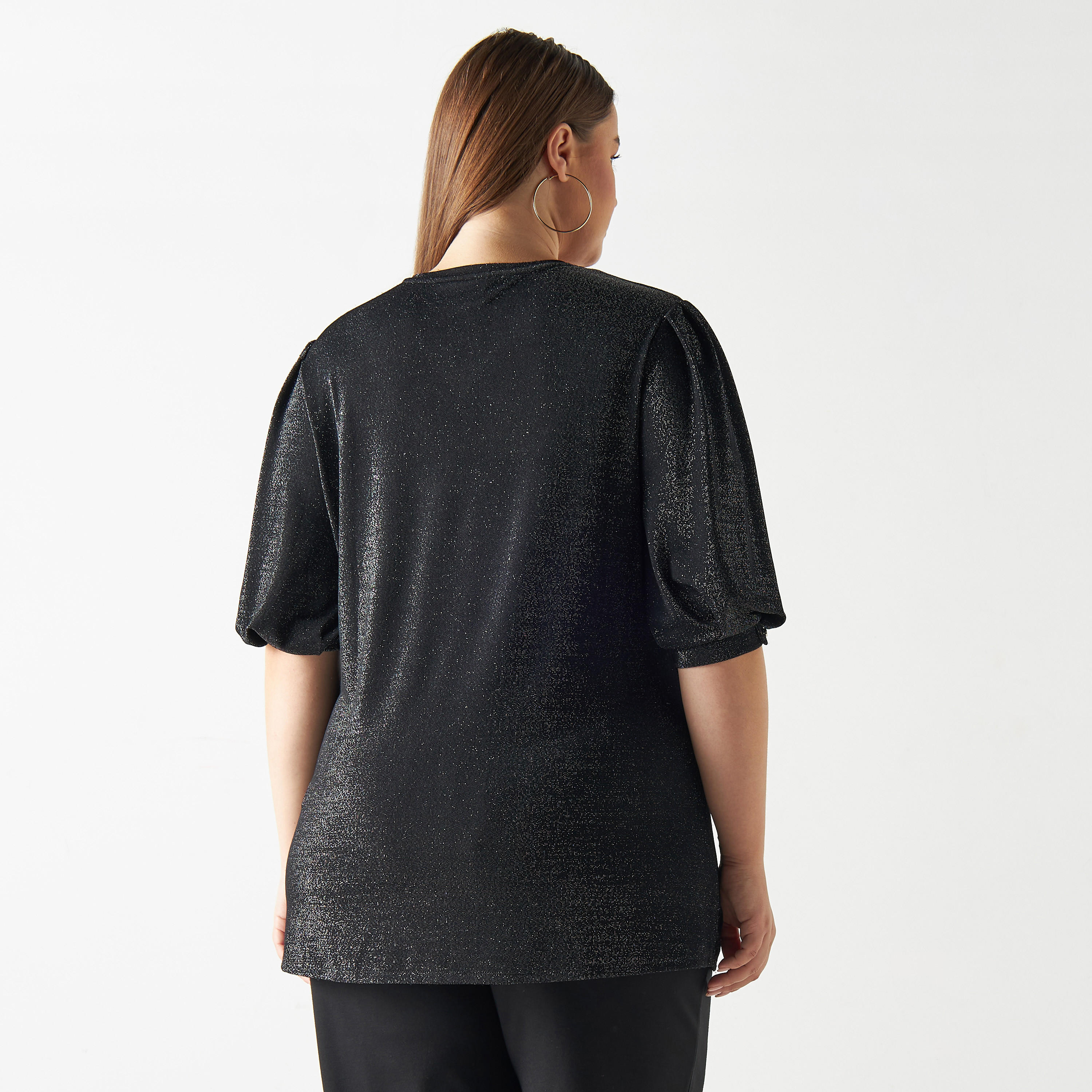 تيشيرت مقاس كبير بارز الملمس بياقة v وأكمام 3/4-women-clothing-tshirts-image-2