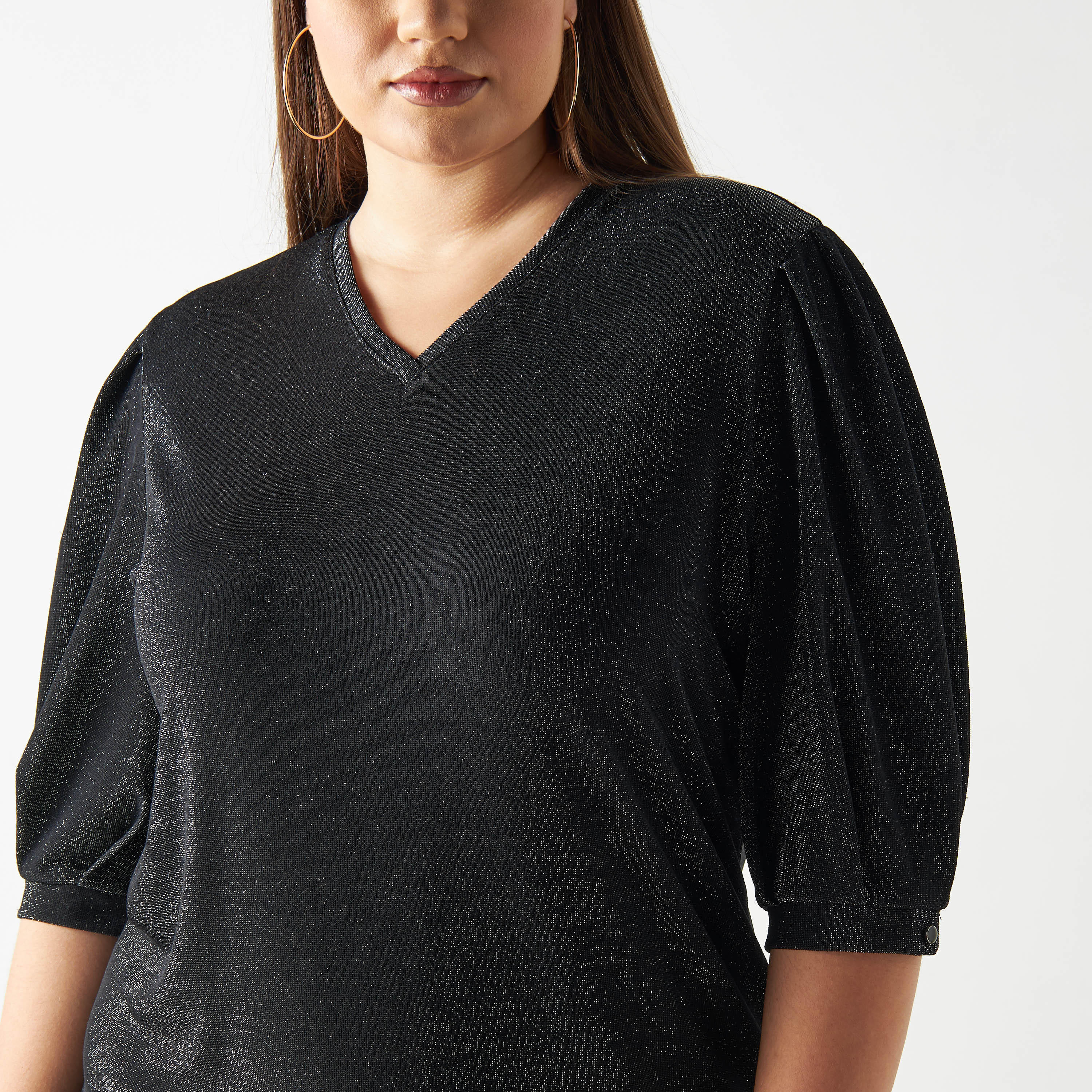 تيشيرت مقاس كبير بارز الملمس بياقة v وأكمام 3/4-women-clothing-tshirts-image-1