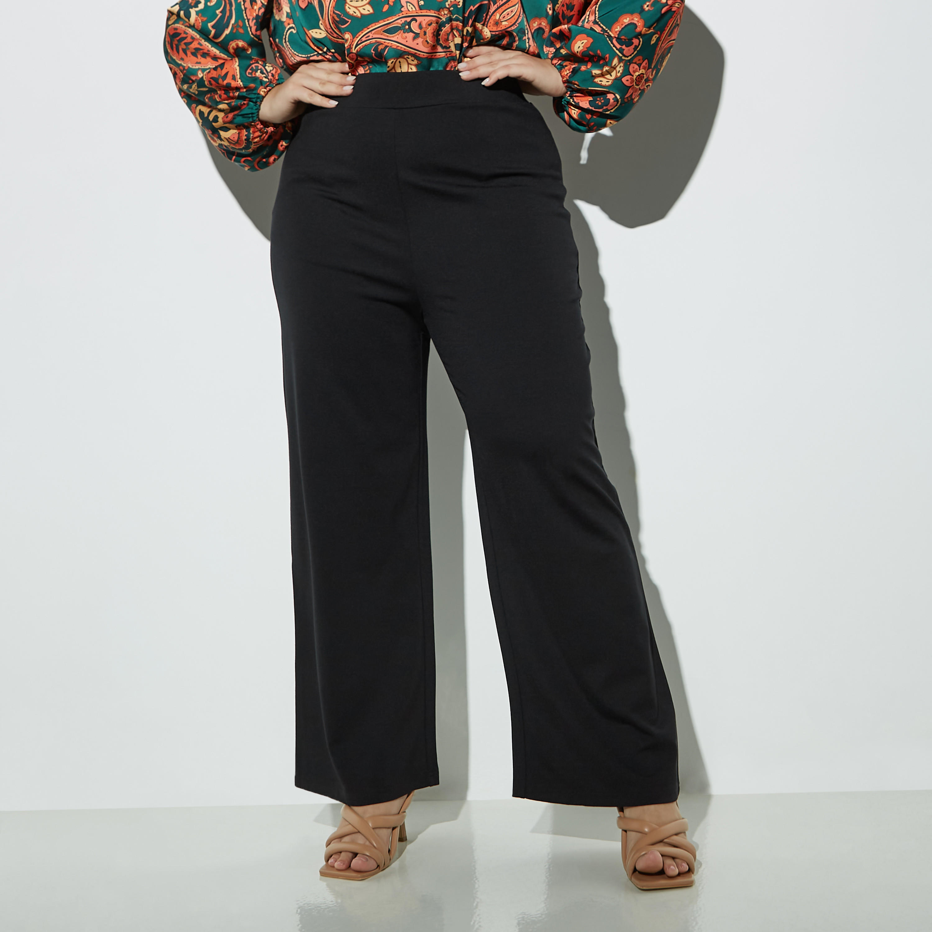 Plus Size Solid Flared High-Waist Pants with Elasticised Waistband-women-clothing-trousers-image-1