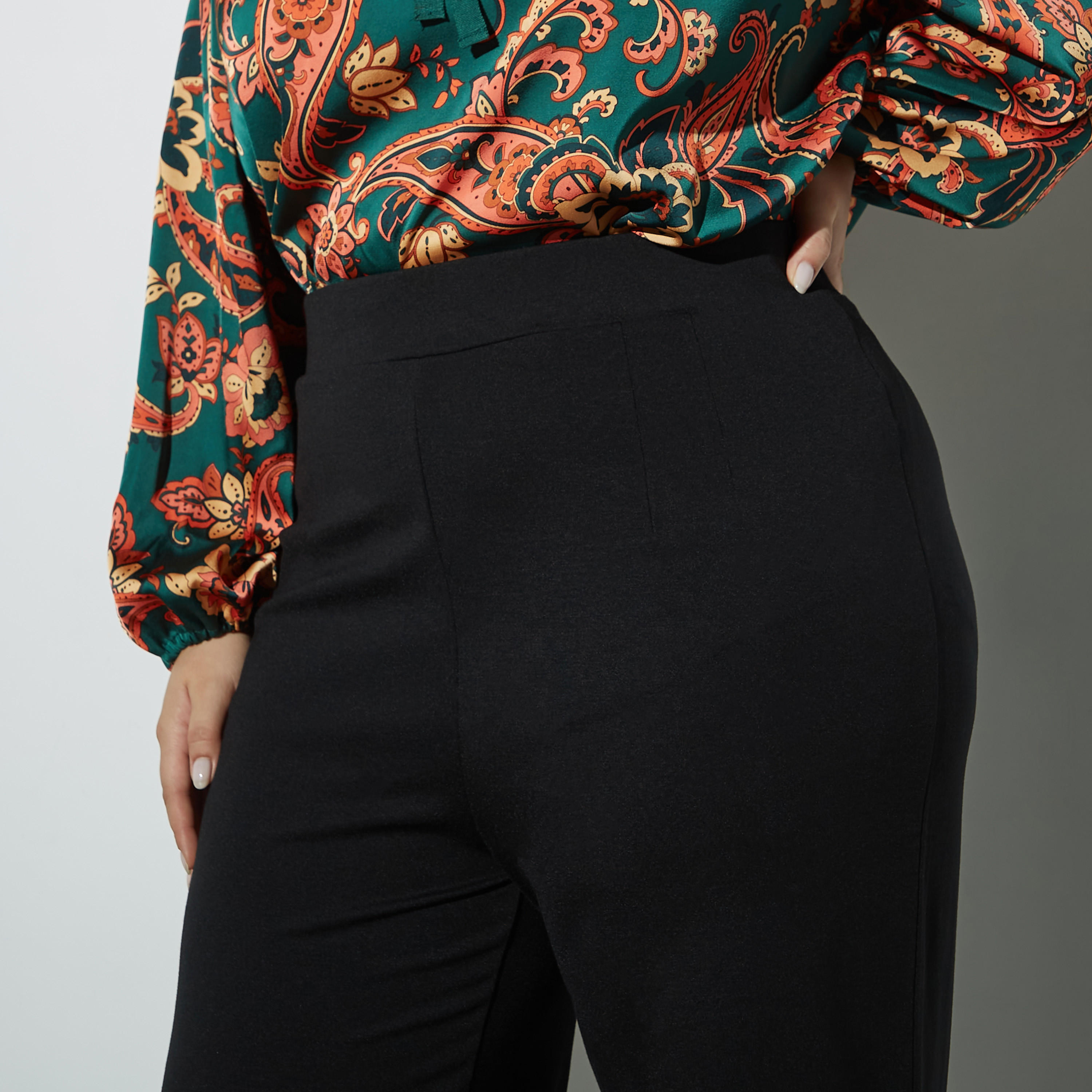 Plus Size Solid Flared High-Waist Pants with Elasticised Waistband-women-clothing-trousers-image-4