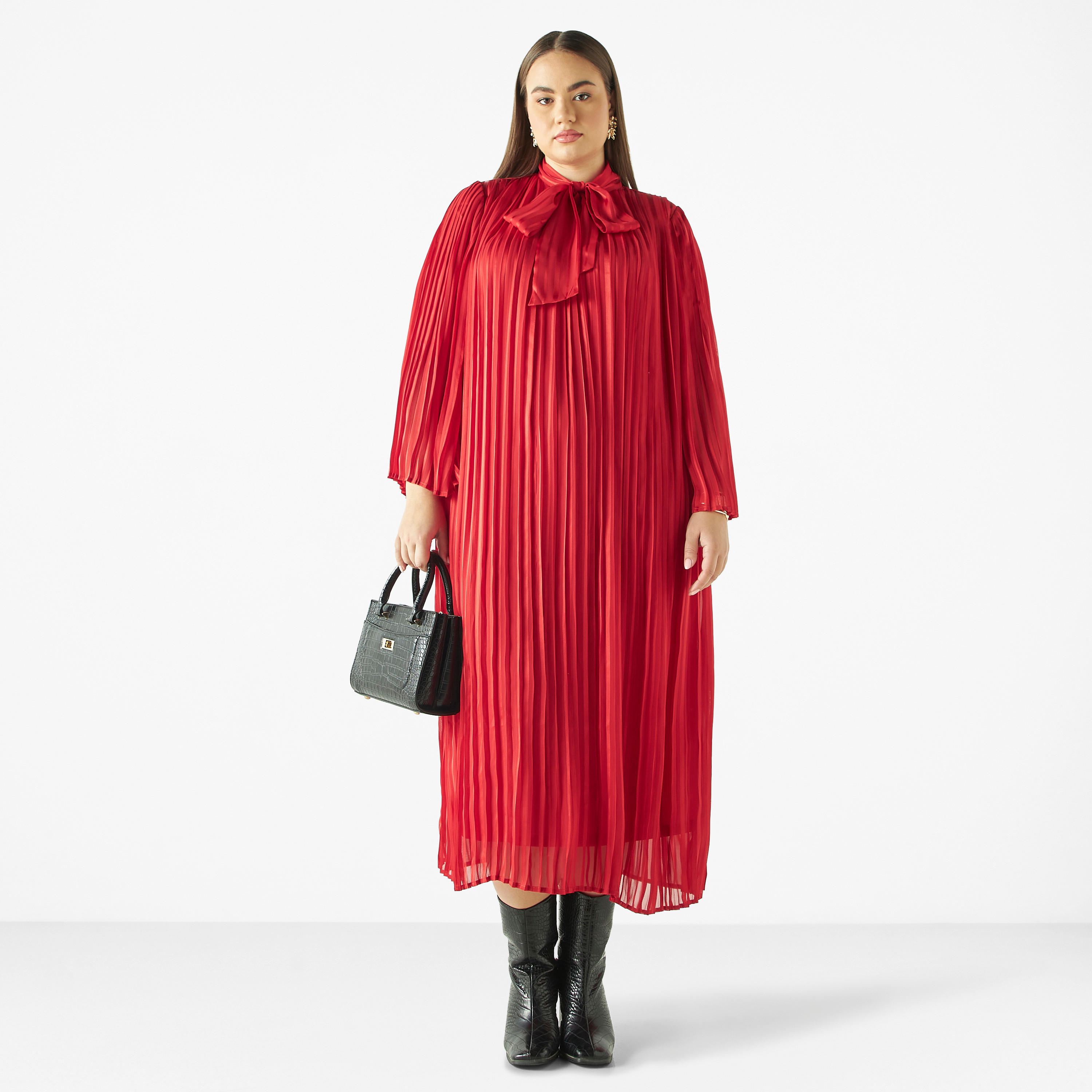 فستان واسع مقاس كبير بكسرات وأربطة وأكمام طويلة-women-clothing-dresses-image-1