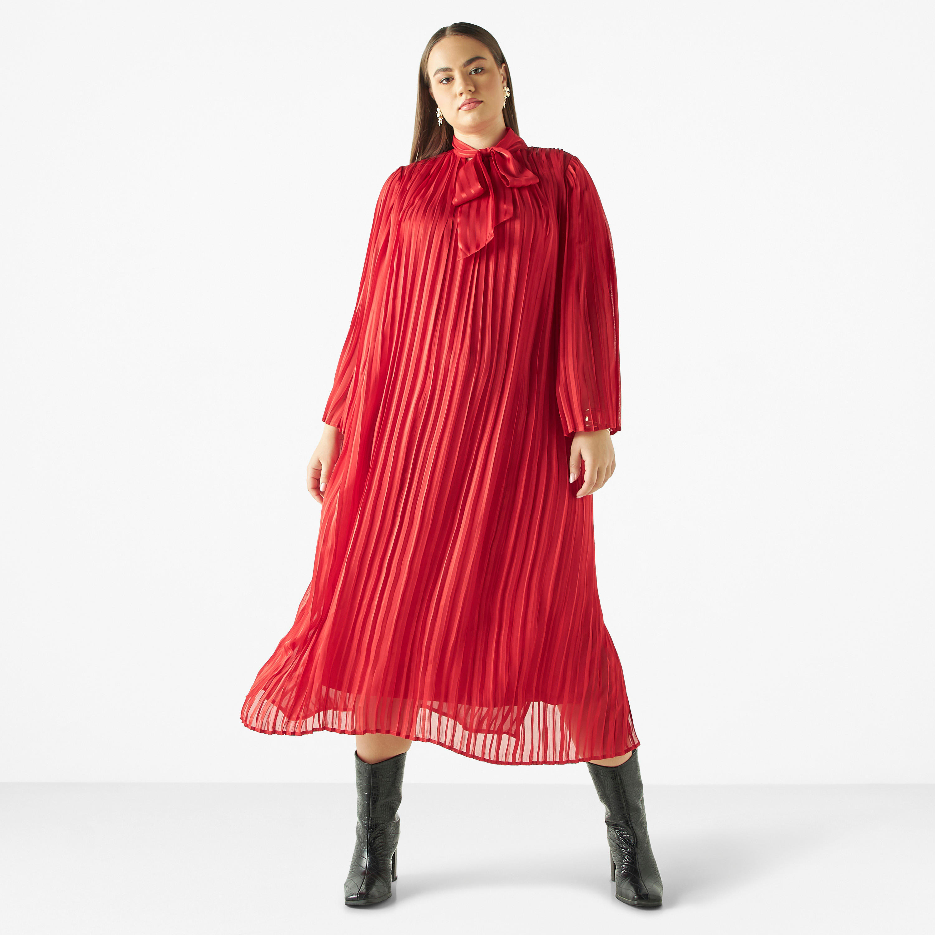 فستان واسع مقاس كبير بكسرات وأربطة وأكمام طويلة-women-clothing-dresses-image-2