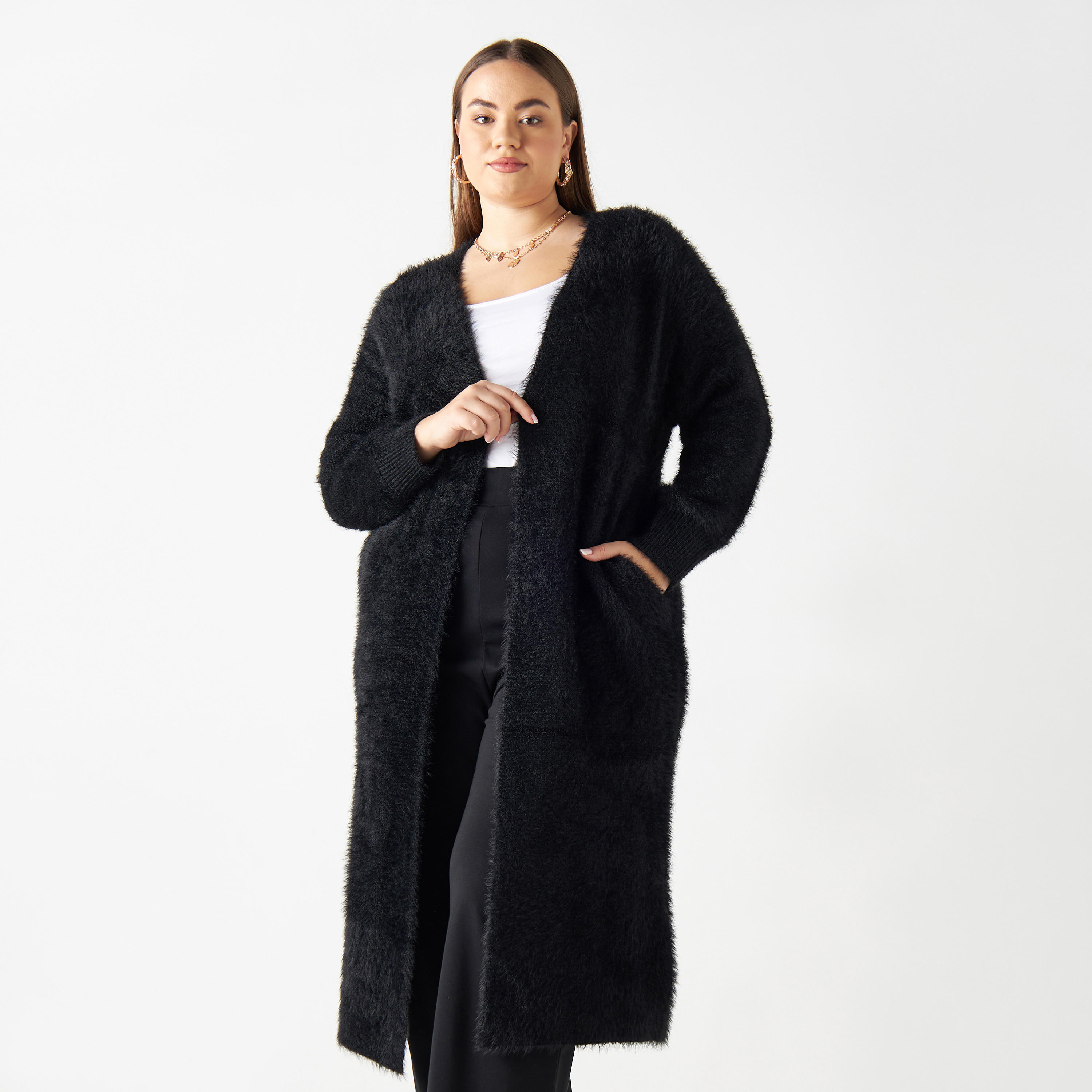 Plus Size Textured Open Front Longline Cardigan with Pockets-women-winterwear-cardigansandjumpers-cardigans-image-1