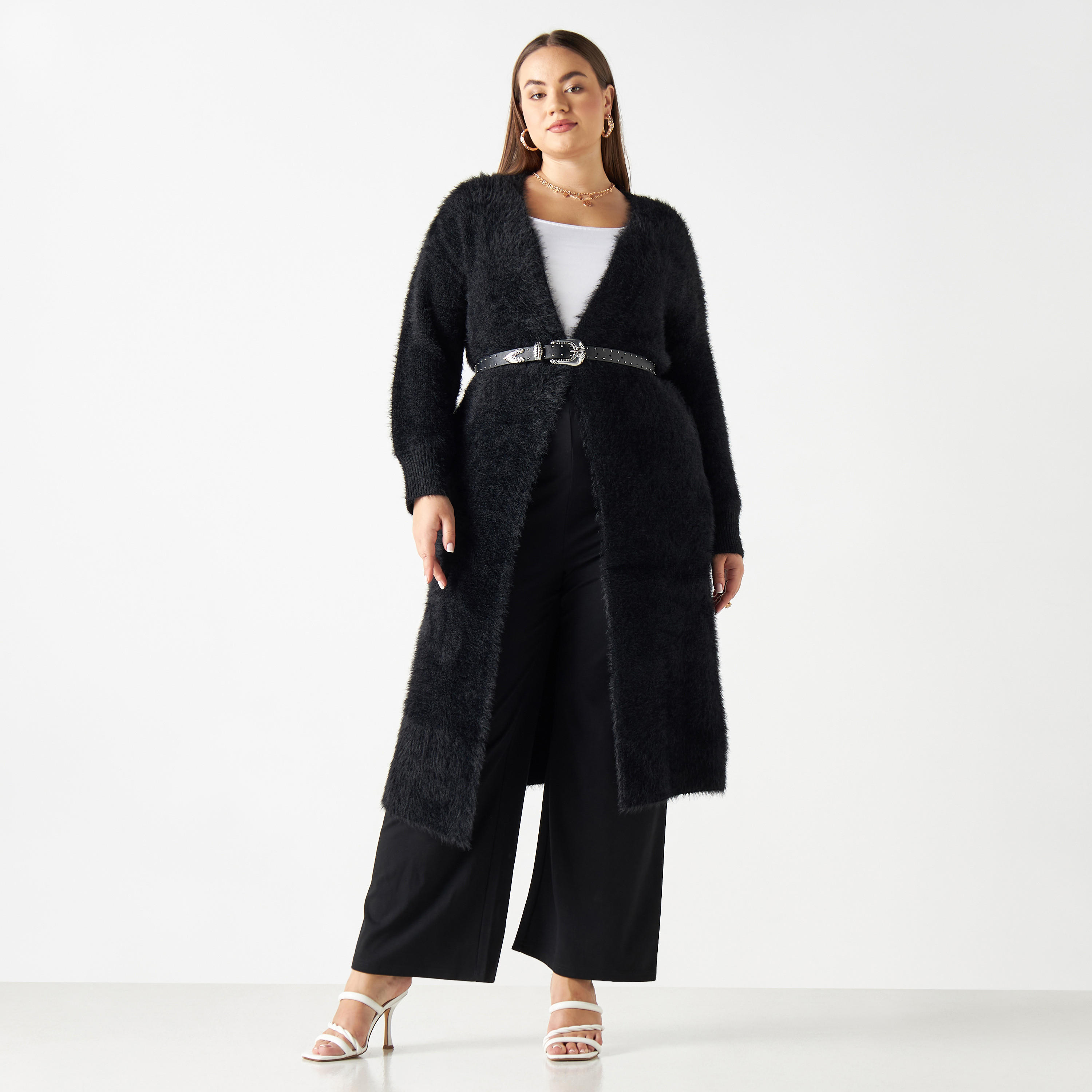 Plus Size Textured Open Front Longline Cardigan with Pockets-women-winterwear-cardigansandjumpers-cardigans-image-2