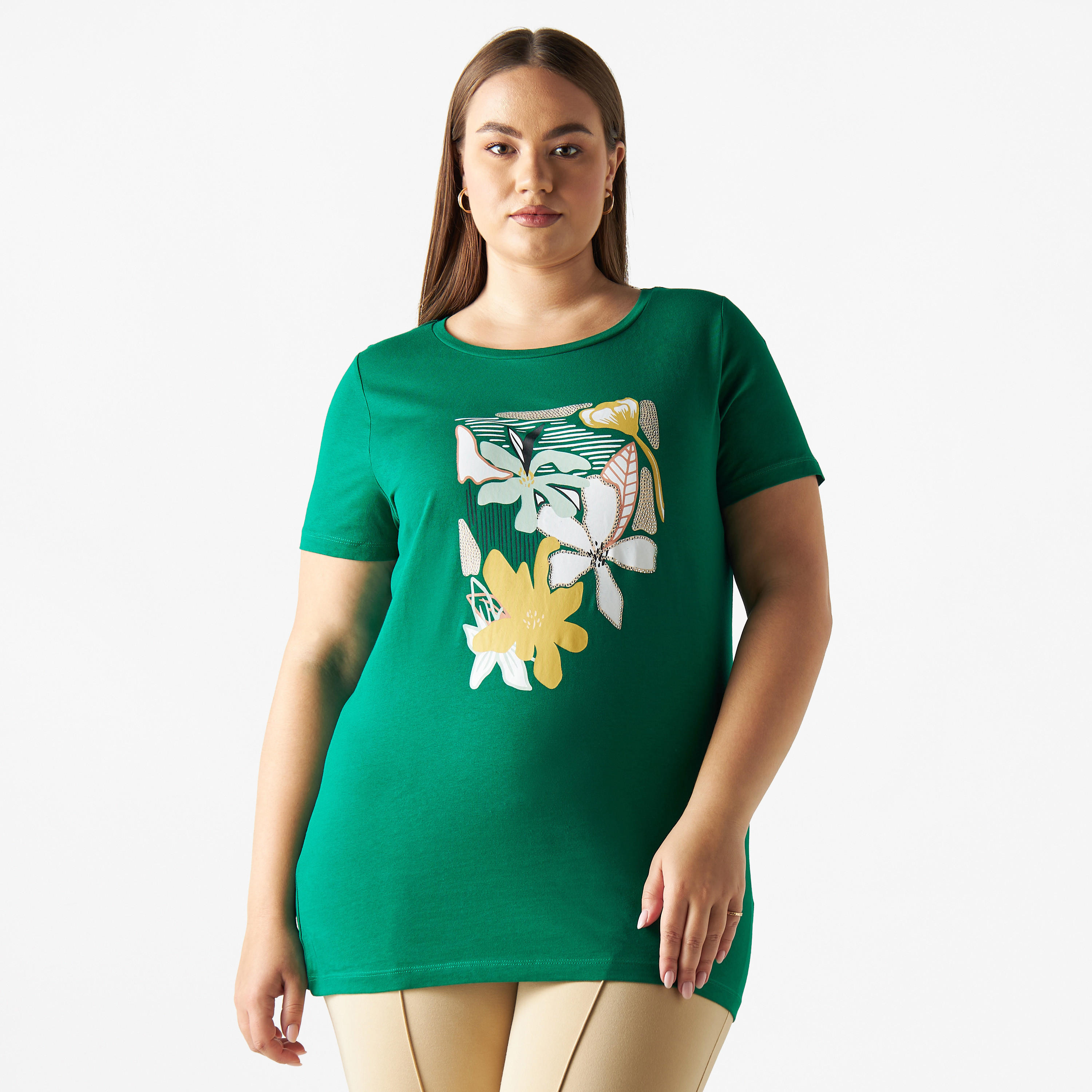 تيشيرت مقاس كبير بياقة مستديرة وأكمام قصيرة وطبعات أزهار-women-clothing-tshirts-image-1