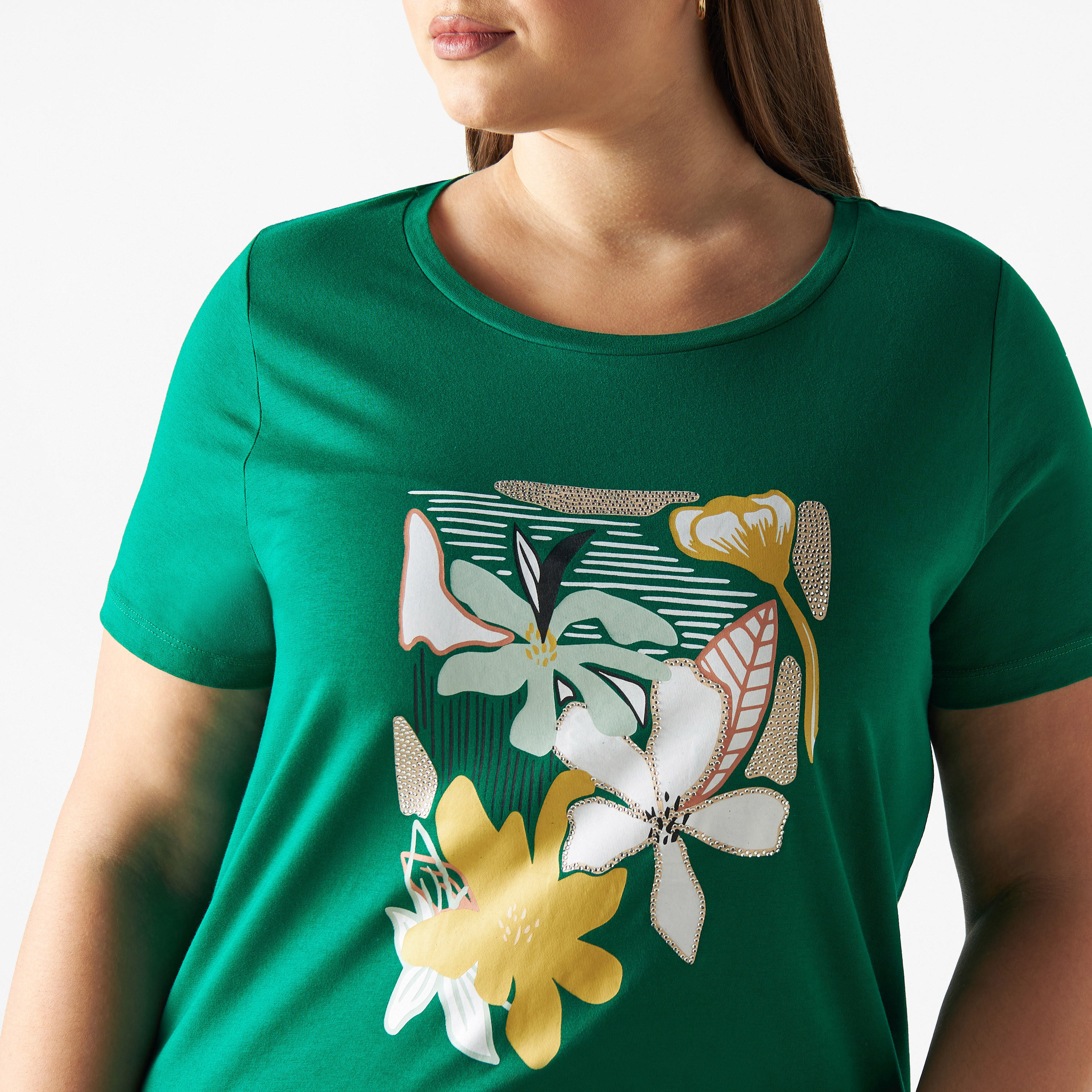 تيشيرت مقاس كبير بياقة مستديرة وأكمام قصيرة وطبعات أزهار-women-clothing-tshirts-image-4