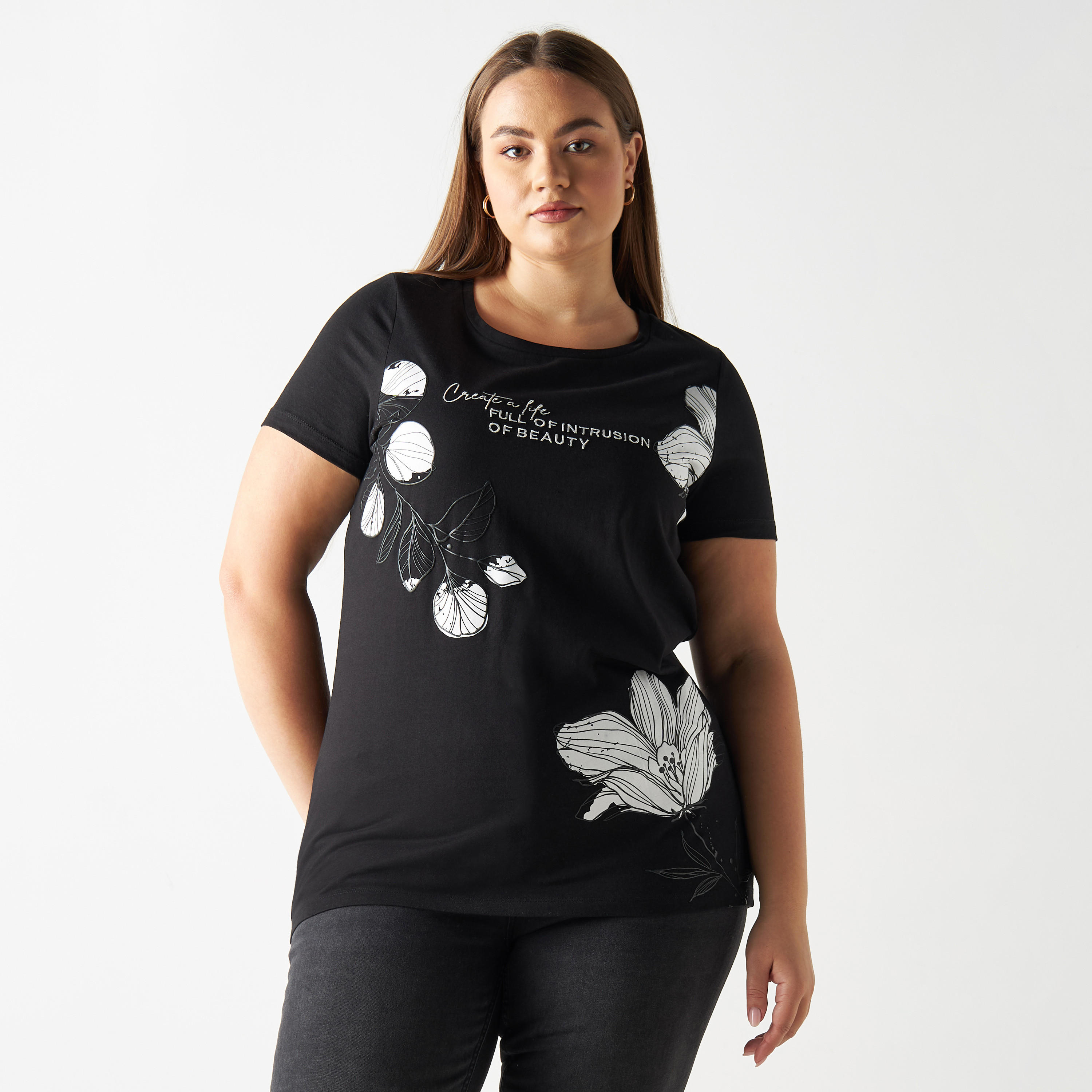 Plus Size Printed Round Neck T-shirt with Short Sleeves-women-clothing-tshirts-image-1