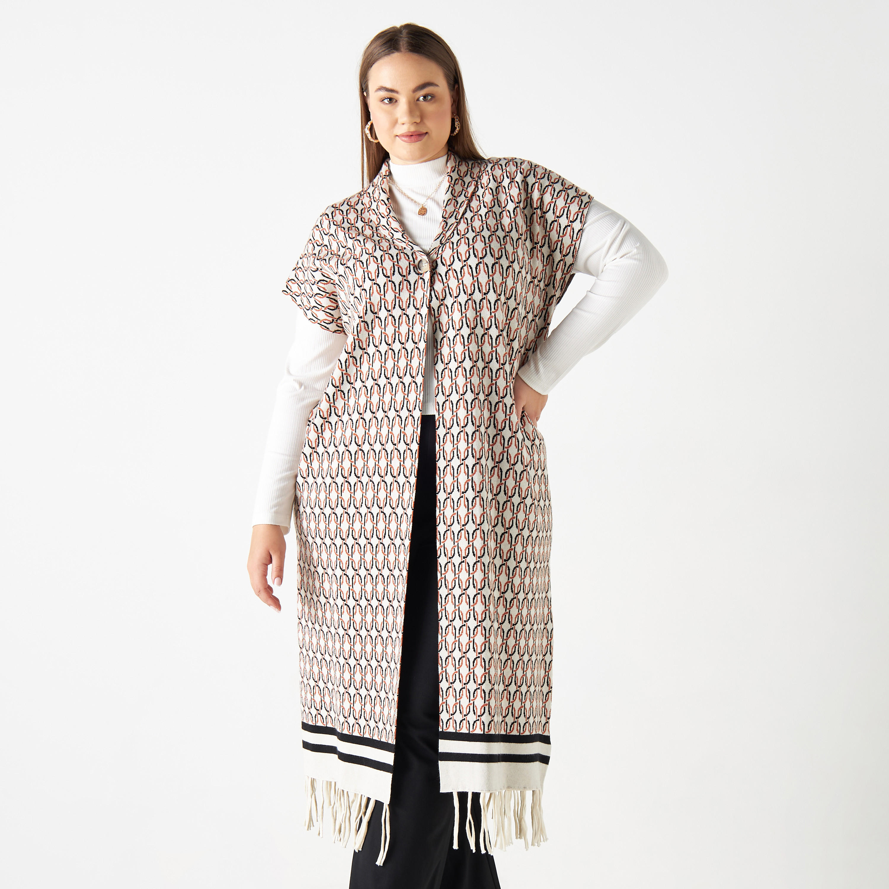 سترة كارديجان طويلة بارزة الملمس مقاس كبير بياقة شال-women-winterwear-cardigansandjumpers-cardigans-image-1