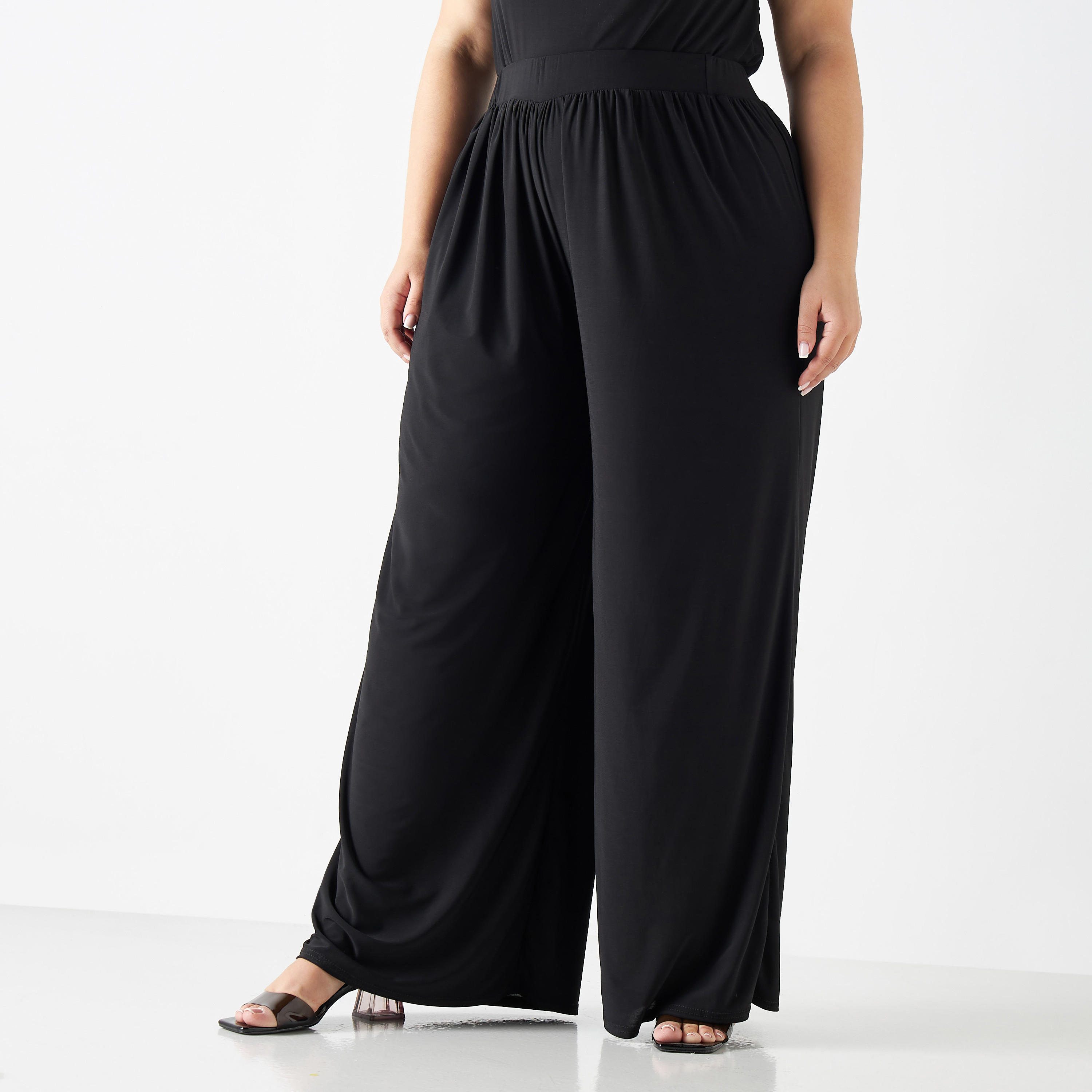 بنطلون سادة واسع الساقين بخصر مطاطي-women-clothing-bottoms-trousers-image-4