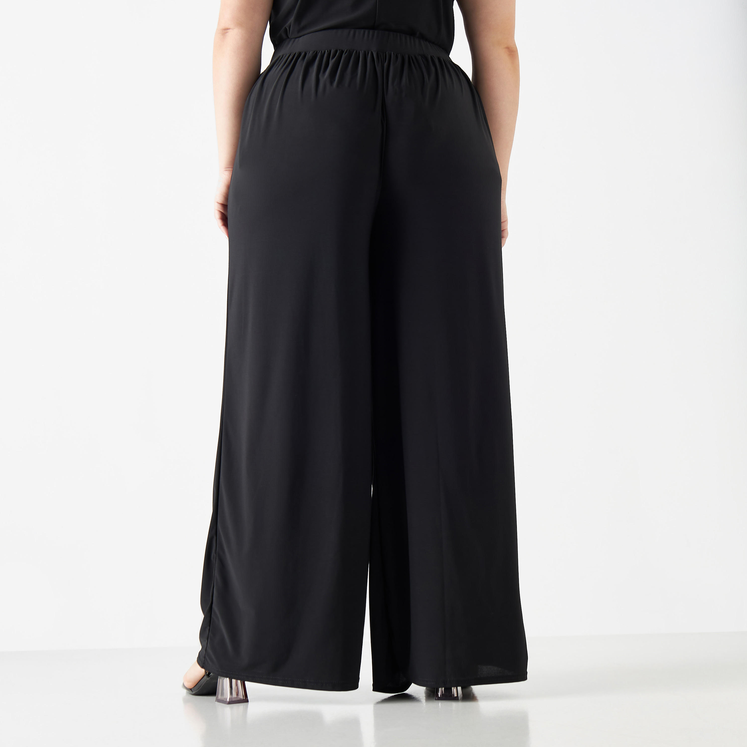 بنطلون سادة واسع الساقين بخصر مطاطي-women-clothing-bottoms-trousers-image-2