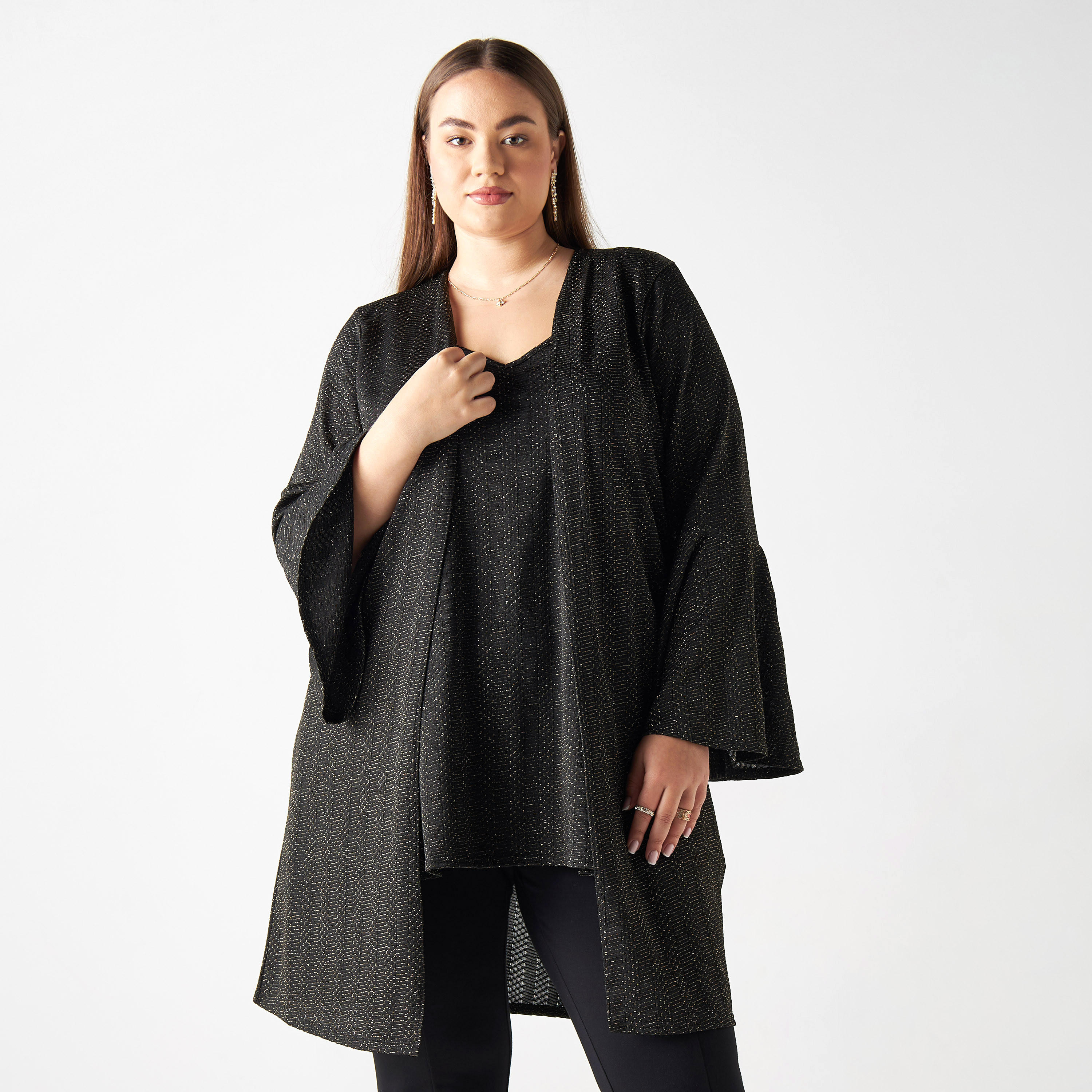 Plus Size Textured Open Front Shrug with Bell Sleeves-women-clothing-shirtsandblouses-blouses-image-1