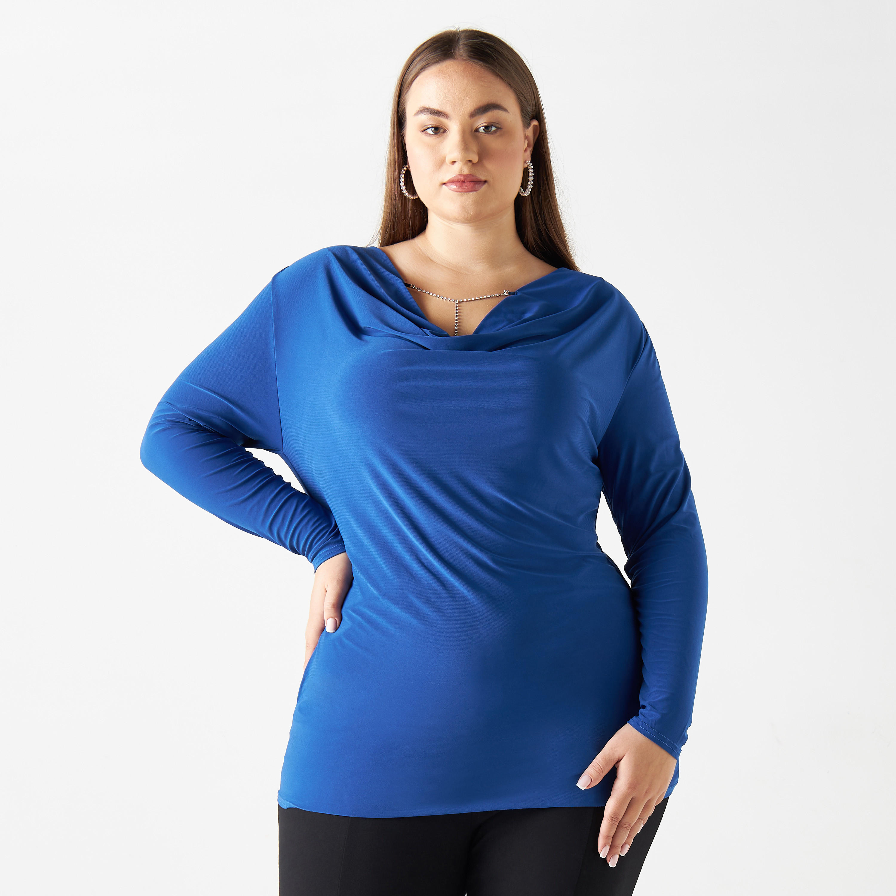 Plus Size Solid Cowl Neck Top with Long Sleeves-women-clothing-tshirts-image-1
