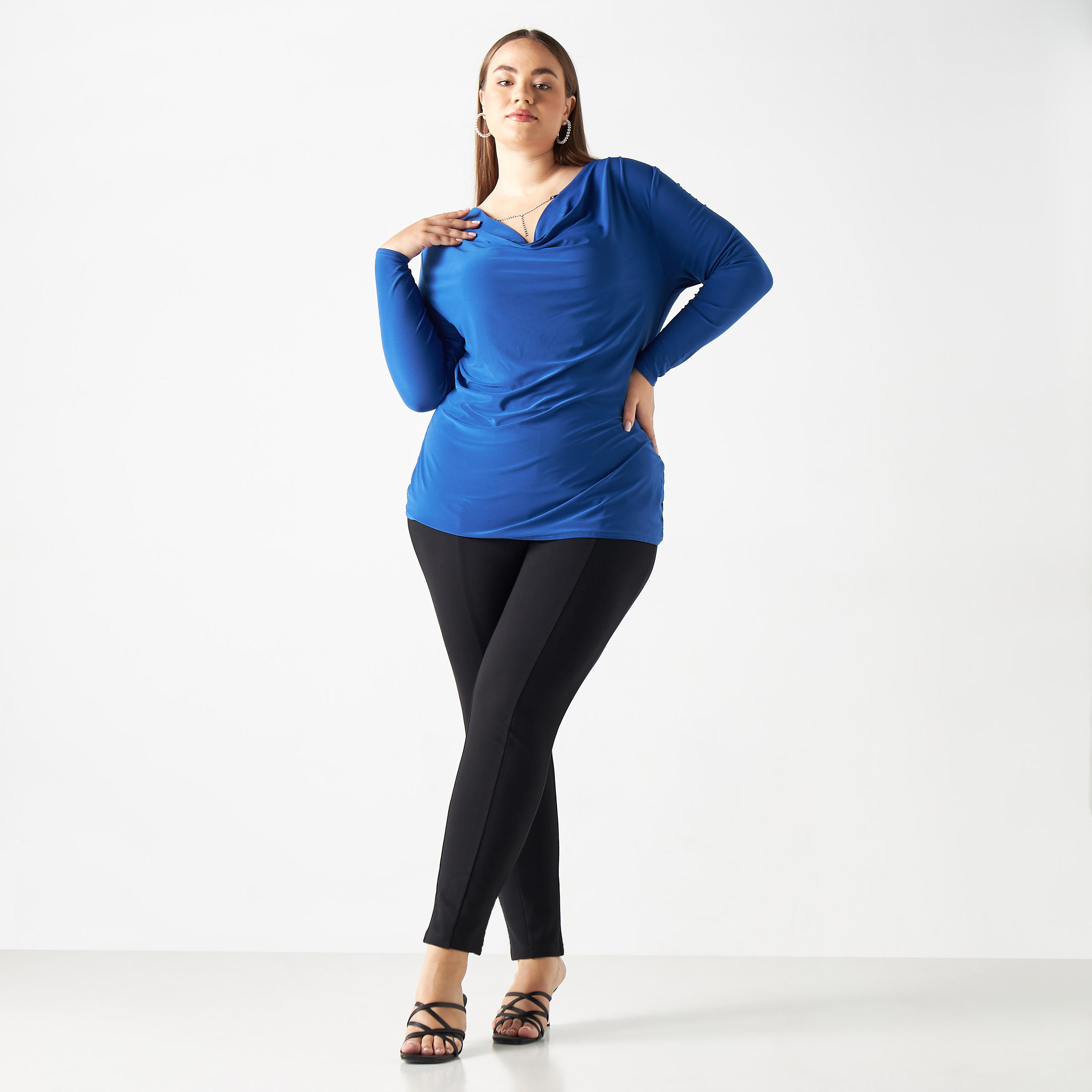 بلوزة مقاس كبير بياقة منسدلة وأكمام طويلة-women-clothing-tshirts-image-7
