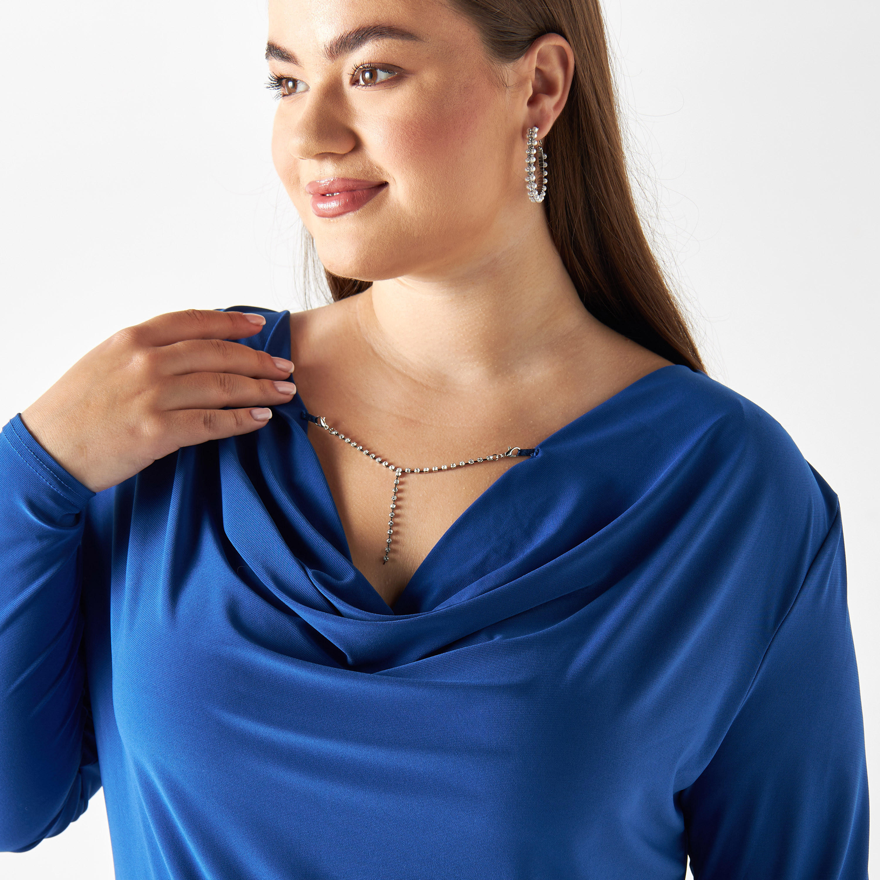 Plus Size Solid Cowl Neck Top with Long Sleeves-women-clothing-tshirts-image-4