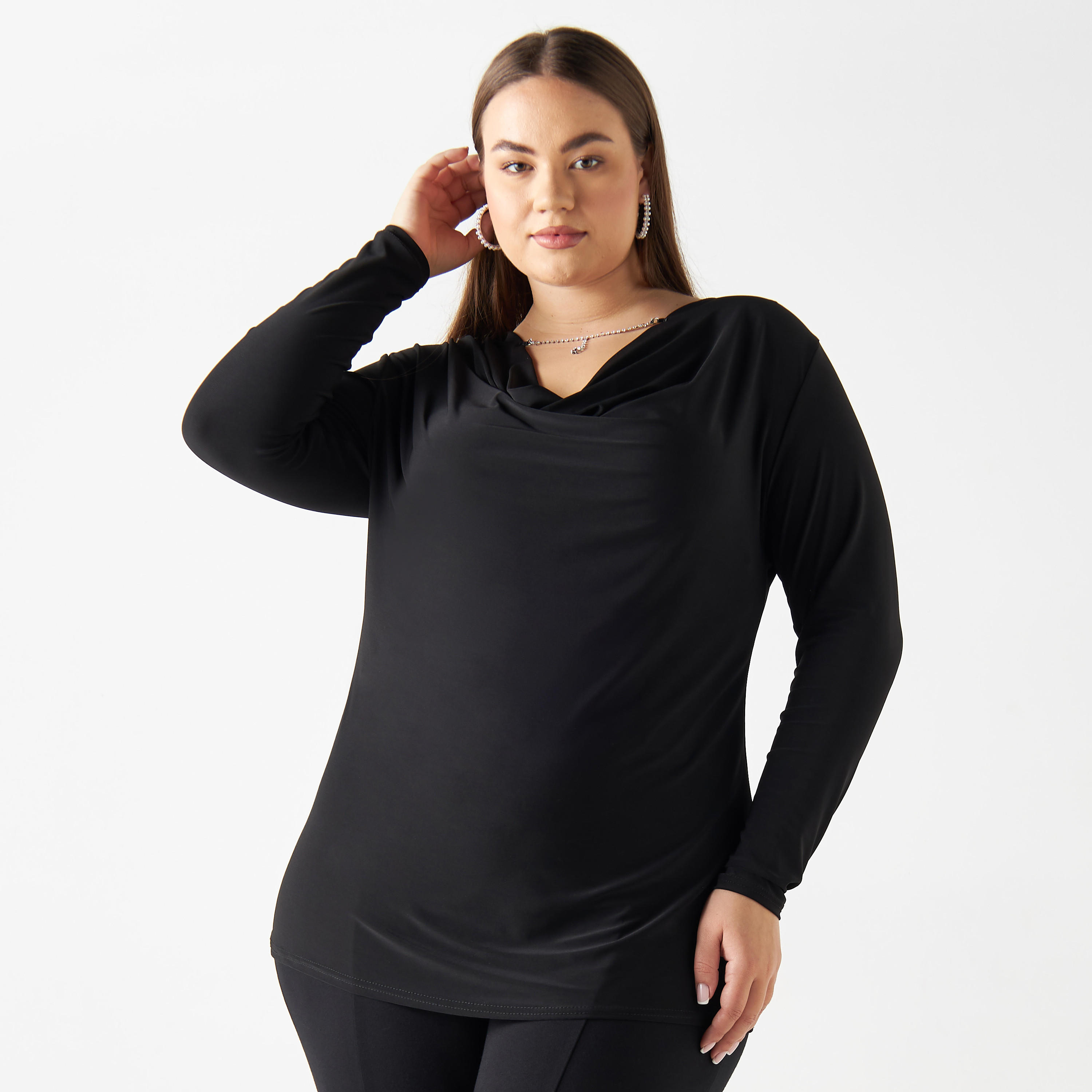 بلوزة مقاس كبير بياقة منسدلة وأكمام طويلة-women-clothing-tshirts-image-4