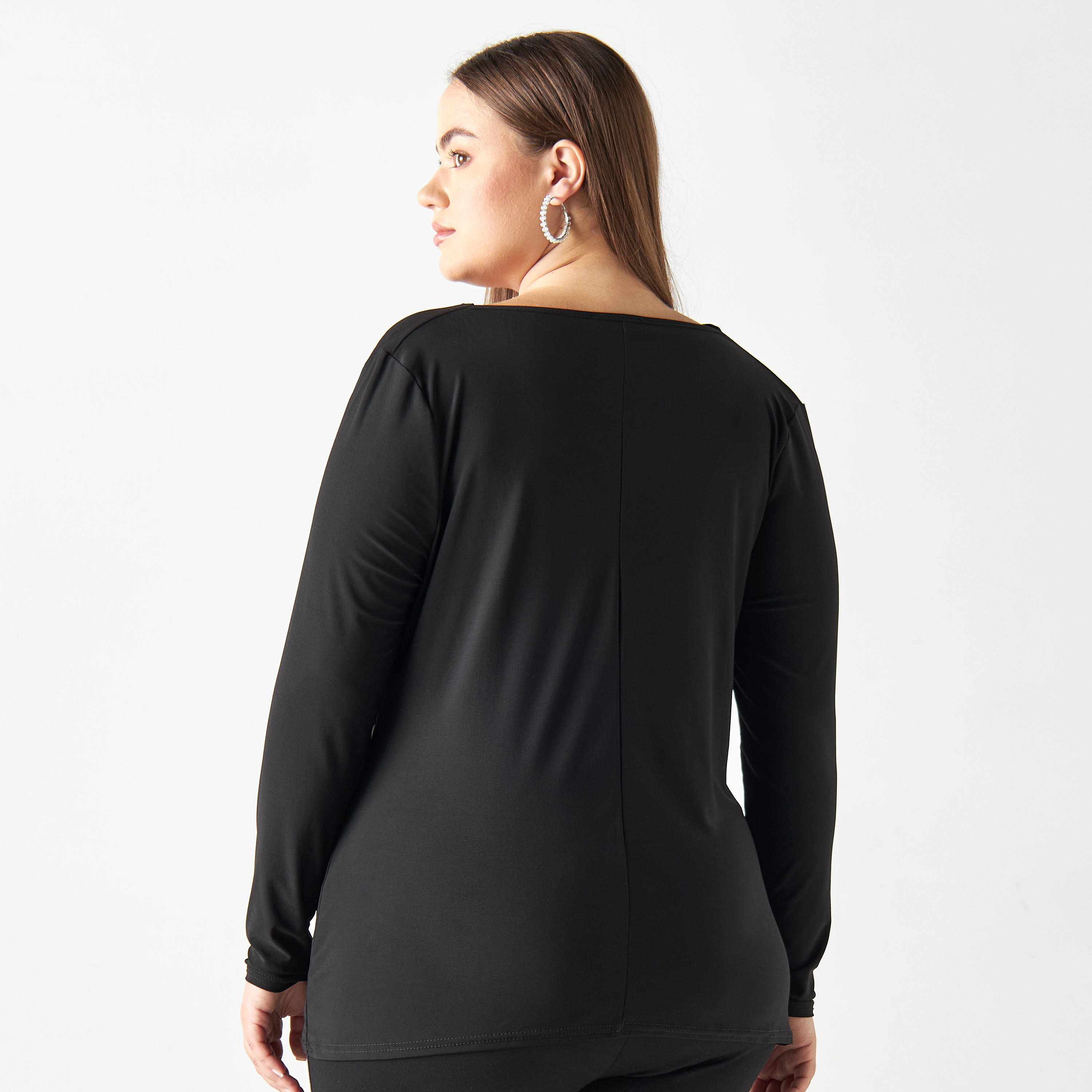 بلوزة مقاس كبير بياقة منسدلة وأكمام طويلة-women-clothing-tshirts-image-2