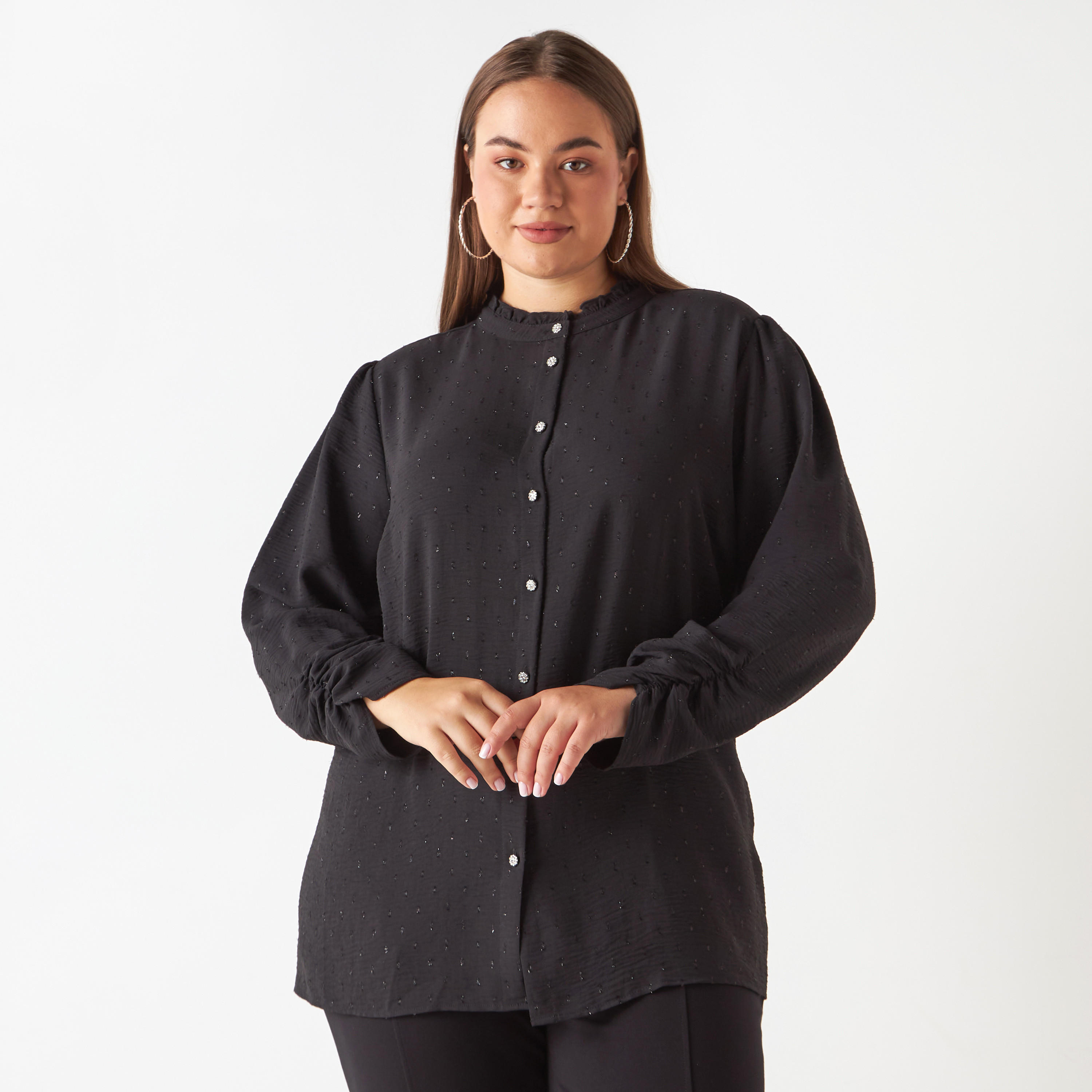 Plus Size All-Over Textured Shirt with Gathered Sleeve Hems-women-clothing-shirtsandblouses-shirts-image-6