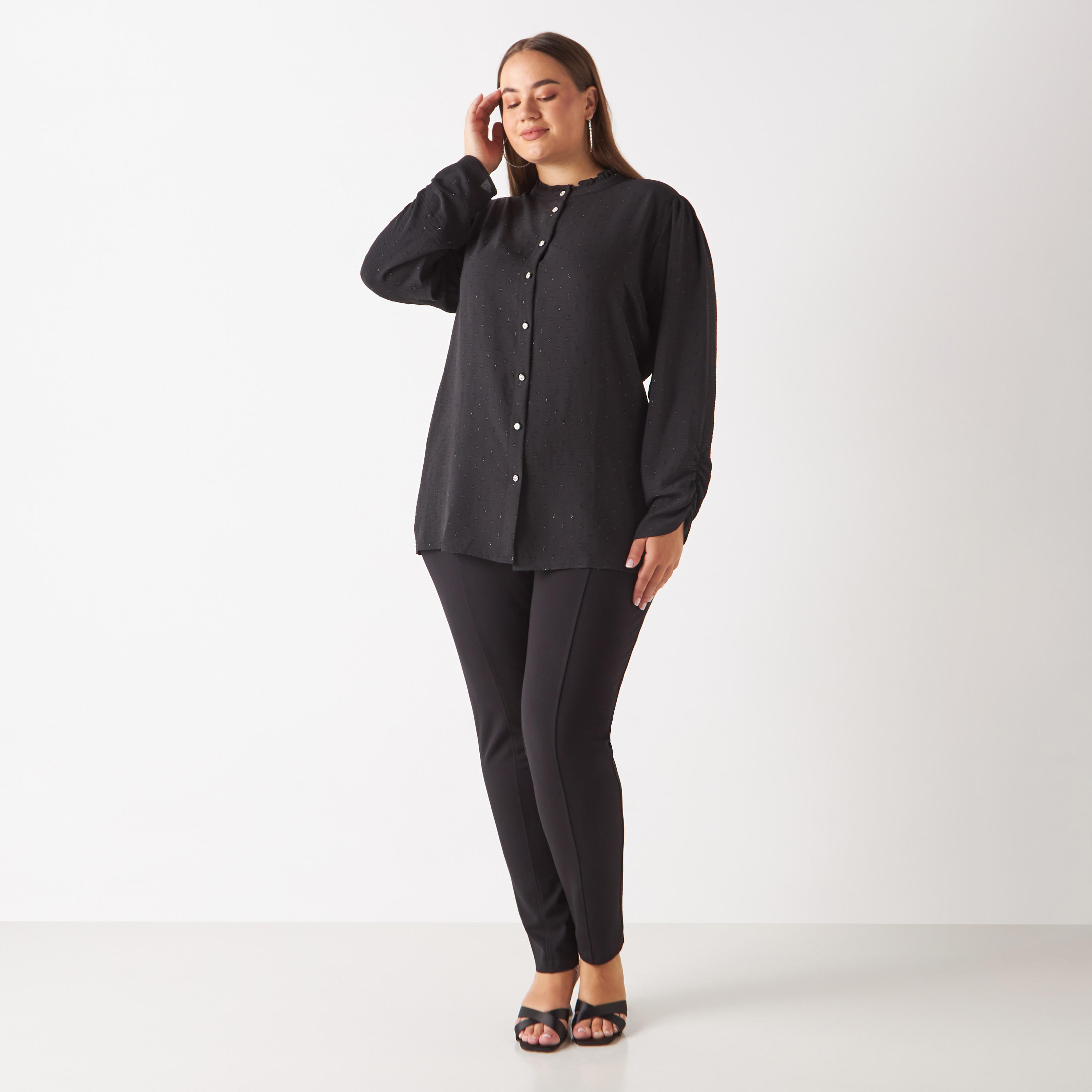 Plus Size All-Over Textured Shirt with Gathered Sleeve Hems-women-clothing-shirtsandblouses-shirts-image-7