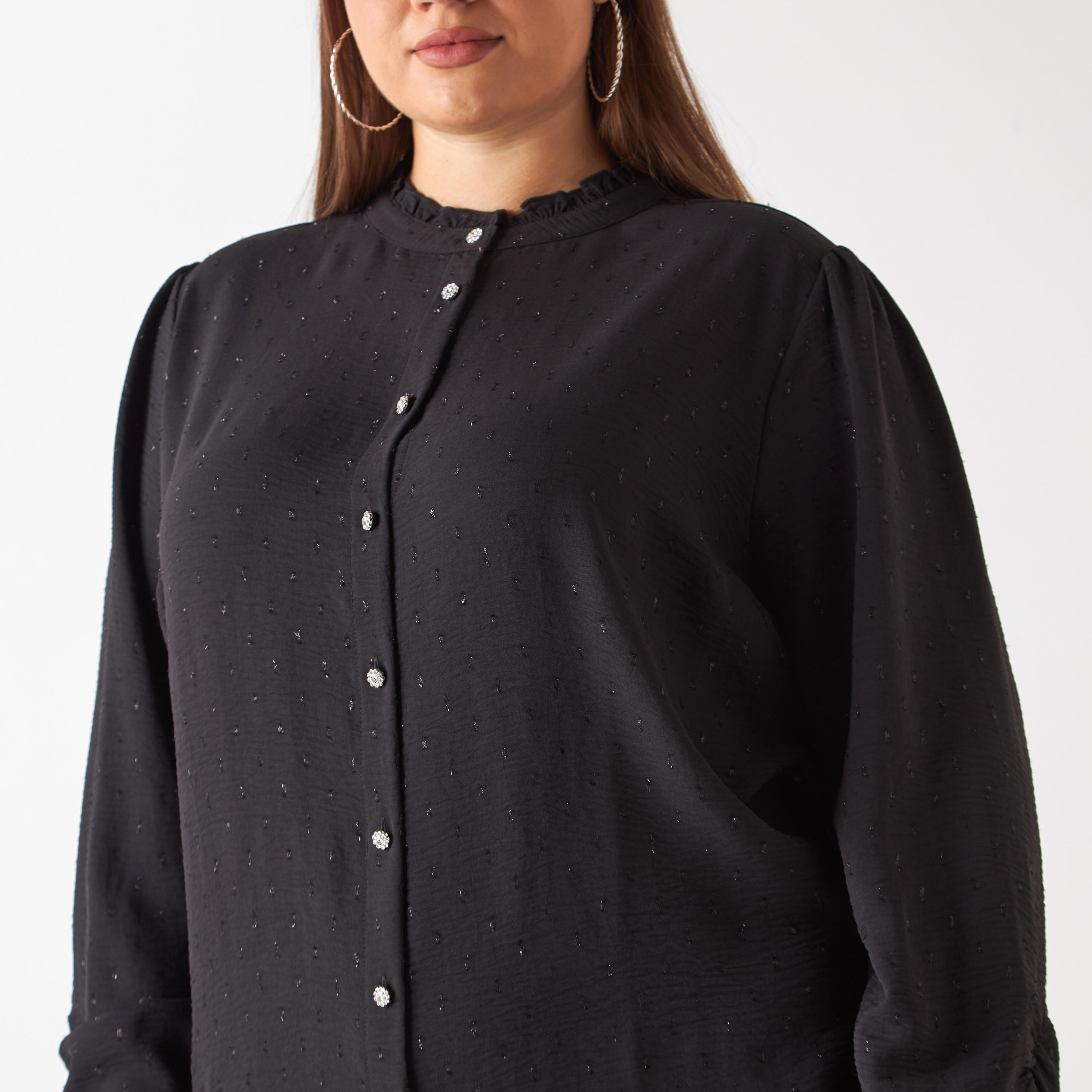Plus Size All-Over Textured Shirt with Gathered Sleeve Hems-women-clothing-shirtsandblouses-shirts-image-9
