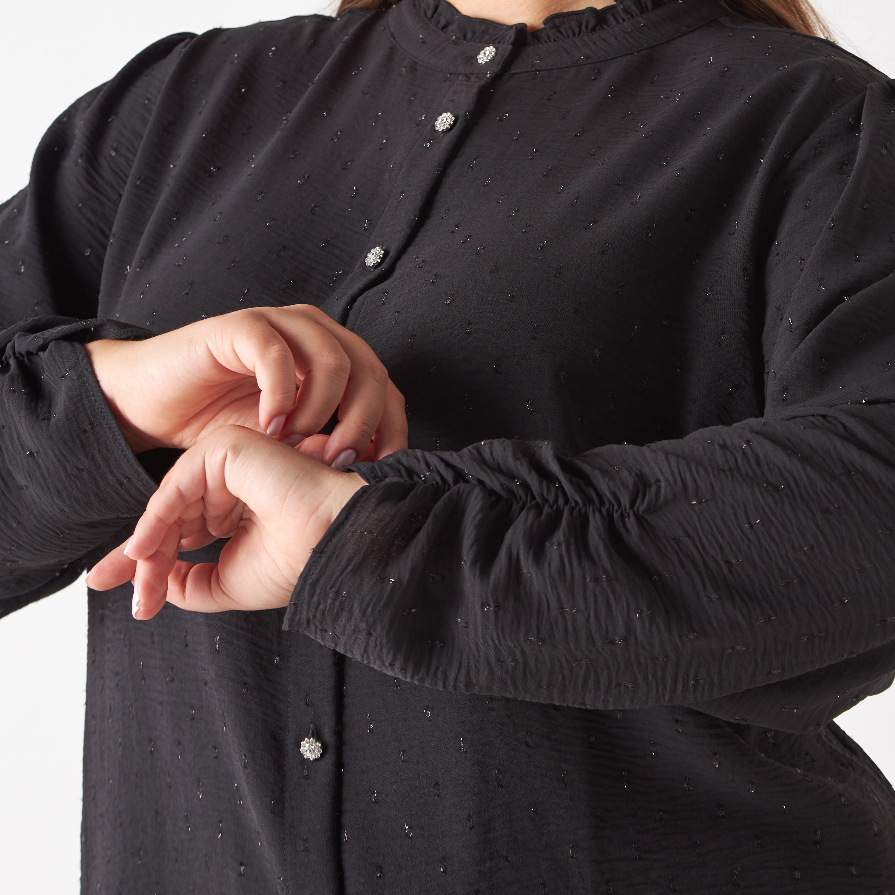Plus Size All-Over Textured Shirt with Gathered Sleeve Hems-women-clothing-shirtsandblouses-shirts-image-10
