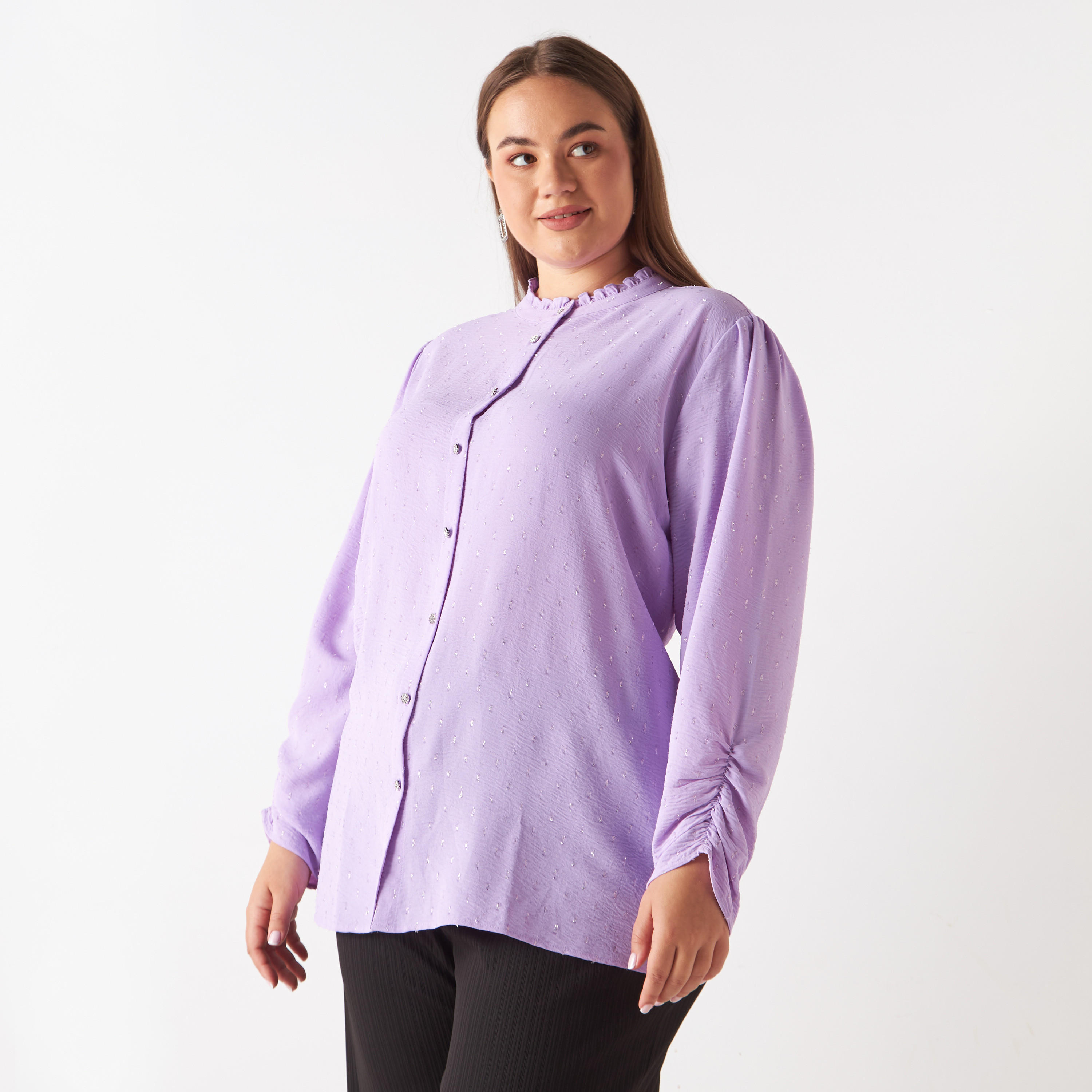 Plus Size All-Over Textured Shirt with Gathered Sleeve Hems-women-clothing-shirtsandblouses-shirts-image-1