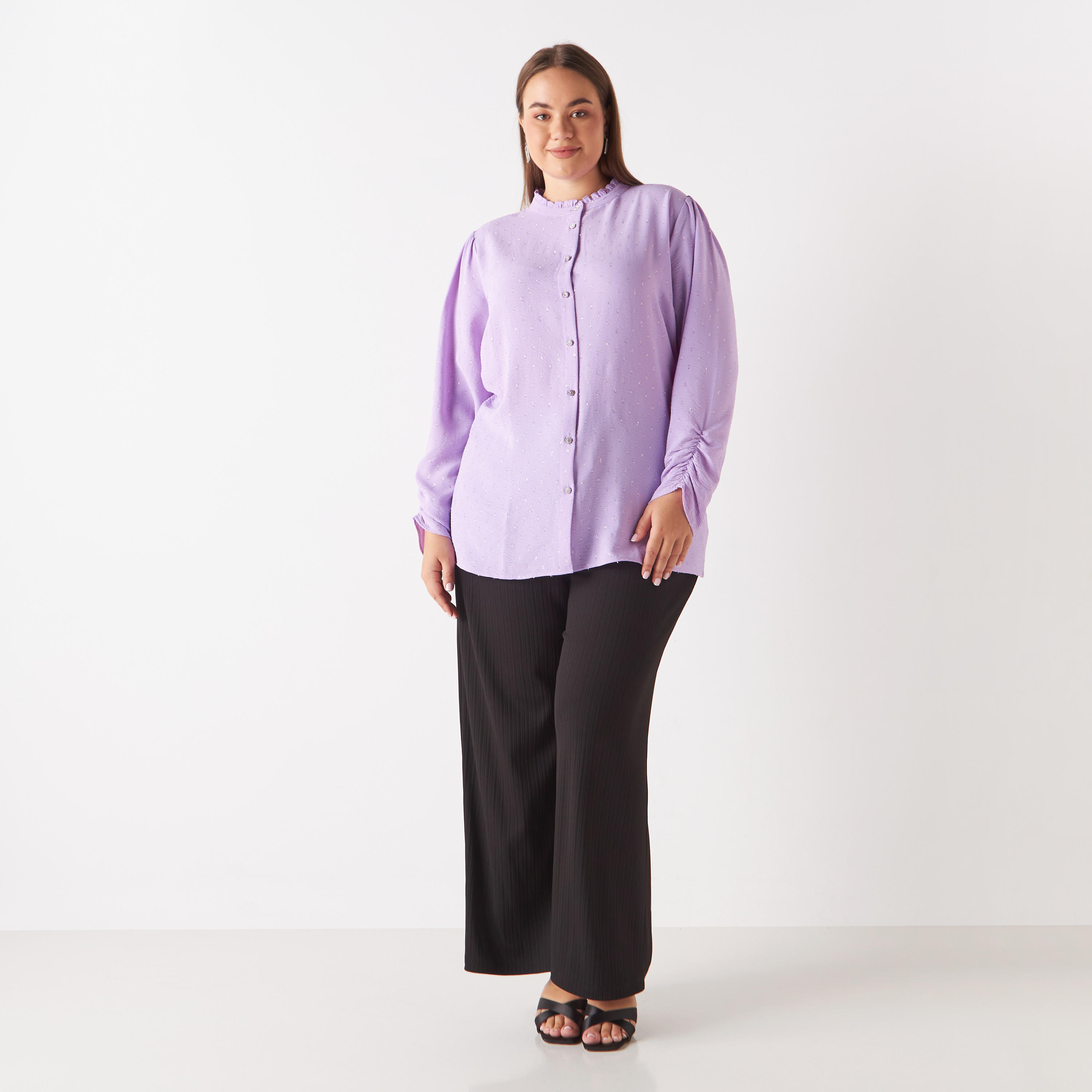 Plus Size All-Over Textured Shirt with Gathered Sleeve Hems-women-clothing-shirtsandblouses-shirts-image-2